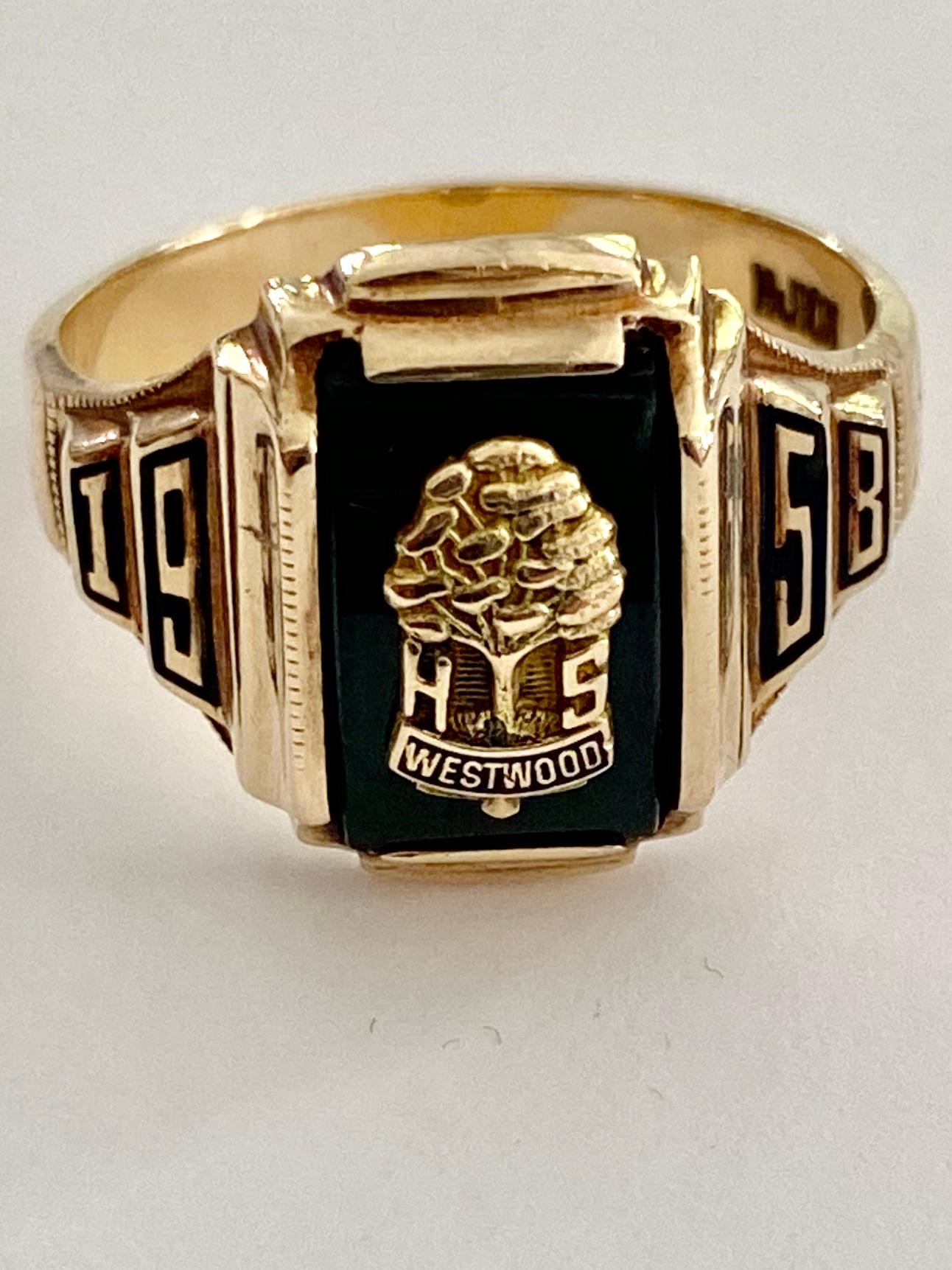 College Ring, Westwood, USA High School, 1958, 10 Karat Gelbgold (Art déco)