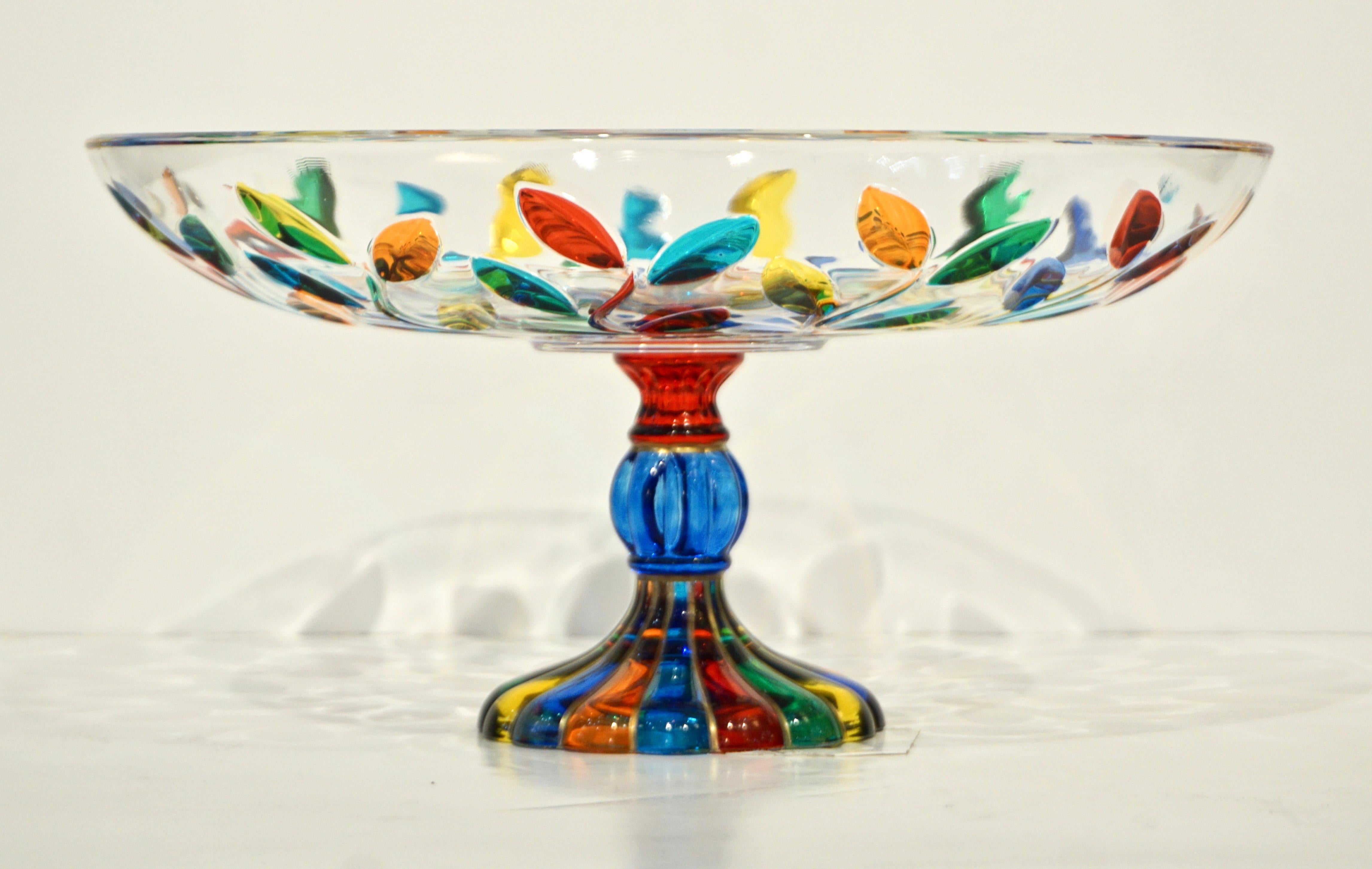 Colleoni Modern Crystal Murano Glass Compote Dish / Tazza with Colorful Leaves 2