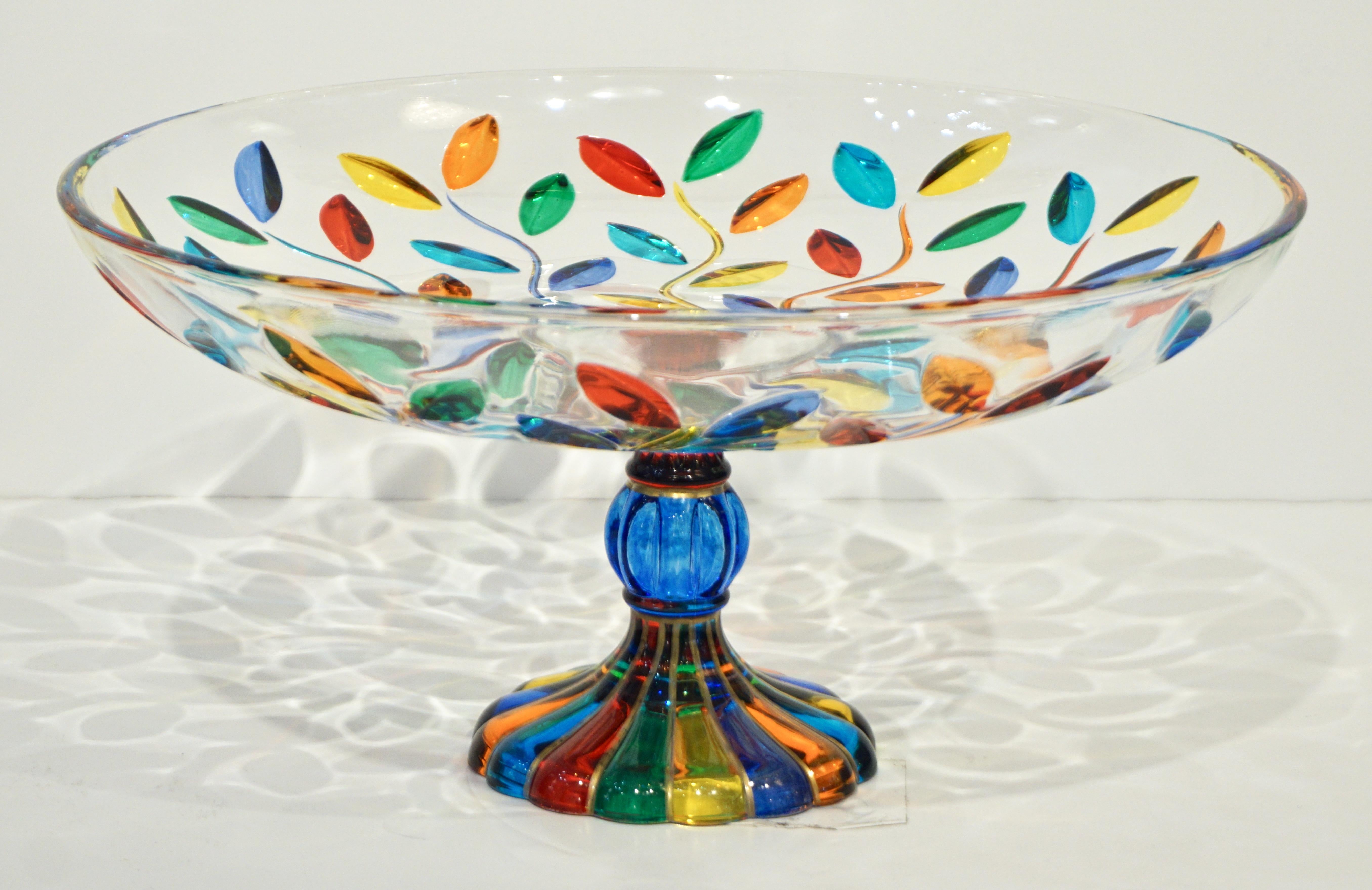 Colleoni Modern Crystal Murano Glass Compote Dish / Tazza with Colorful Leaves 3