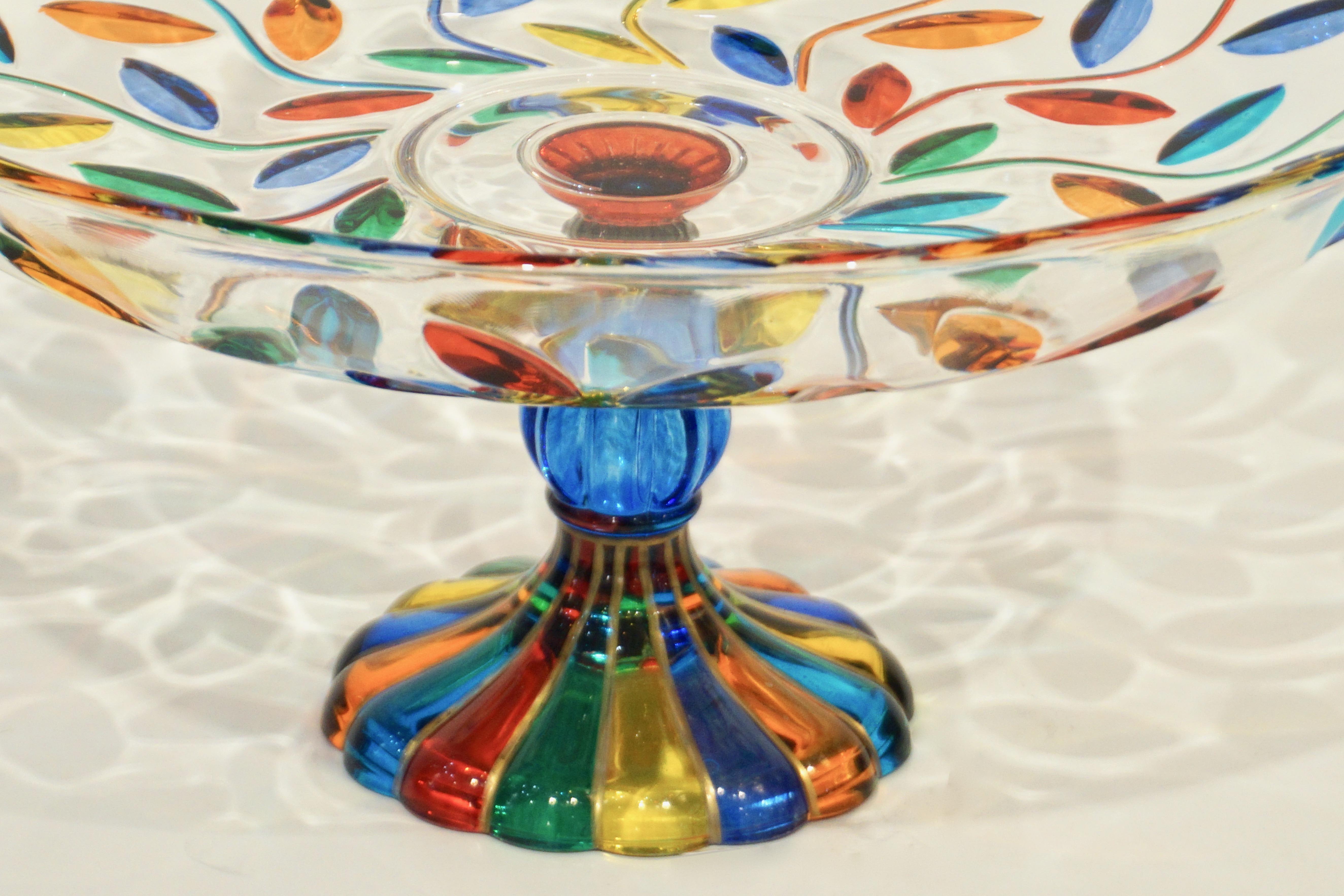 Colleoni Modern Crystal Murano Glass Compote Dish / Tazza with Colorful Leaves 4