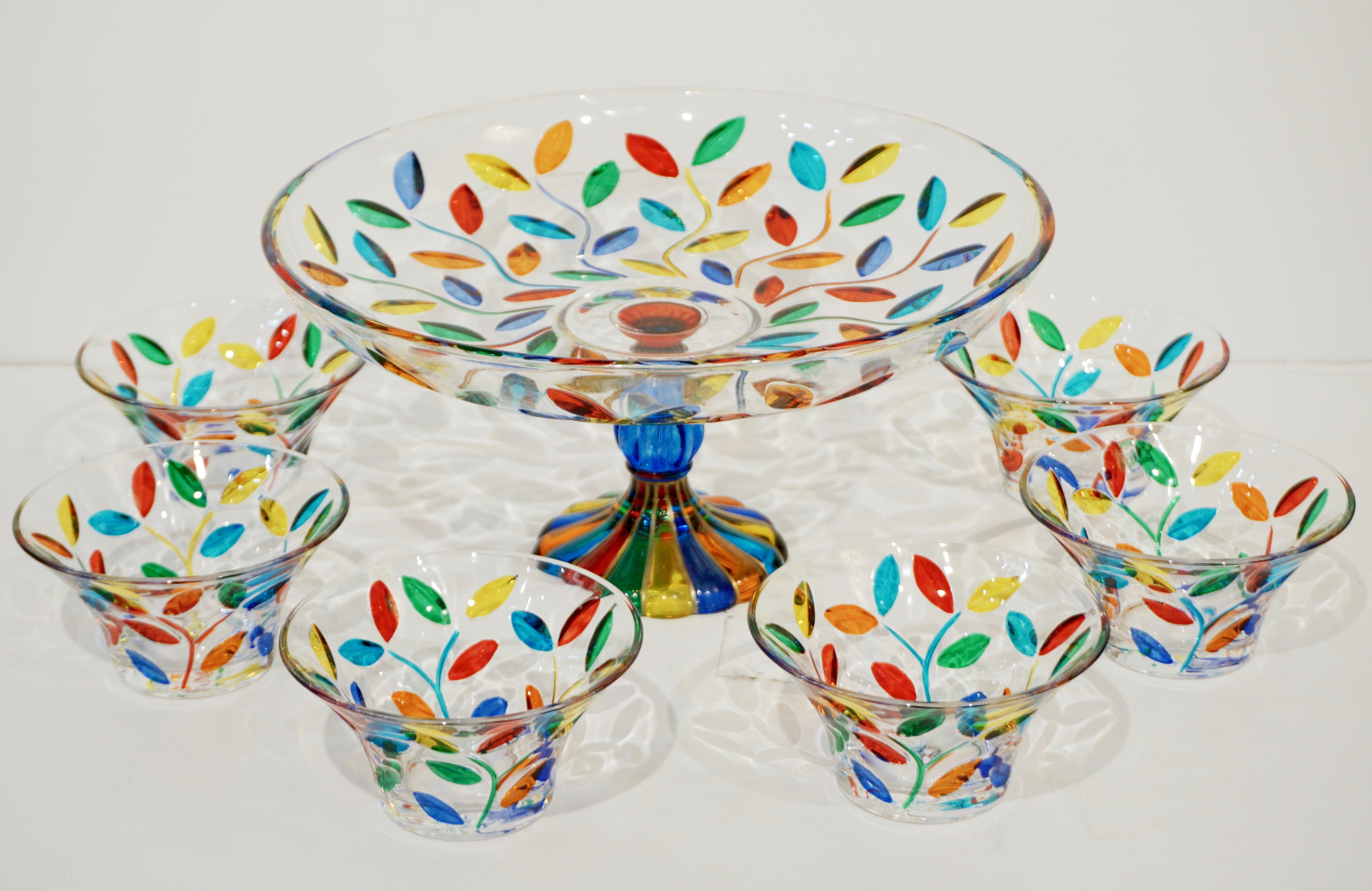 Colleoni Modern Crystal Murano Glass Compote Dish / Tazza with Colorful Leaves 5