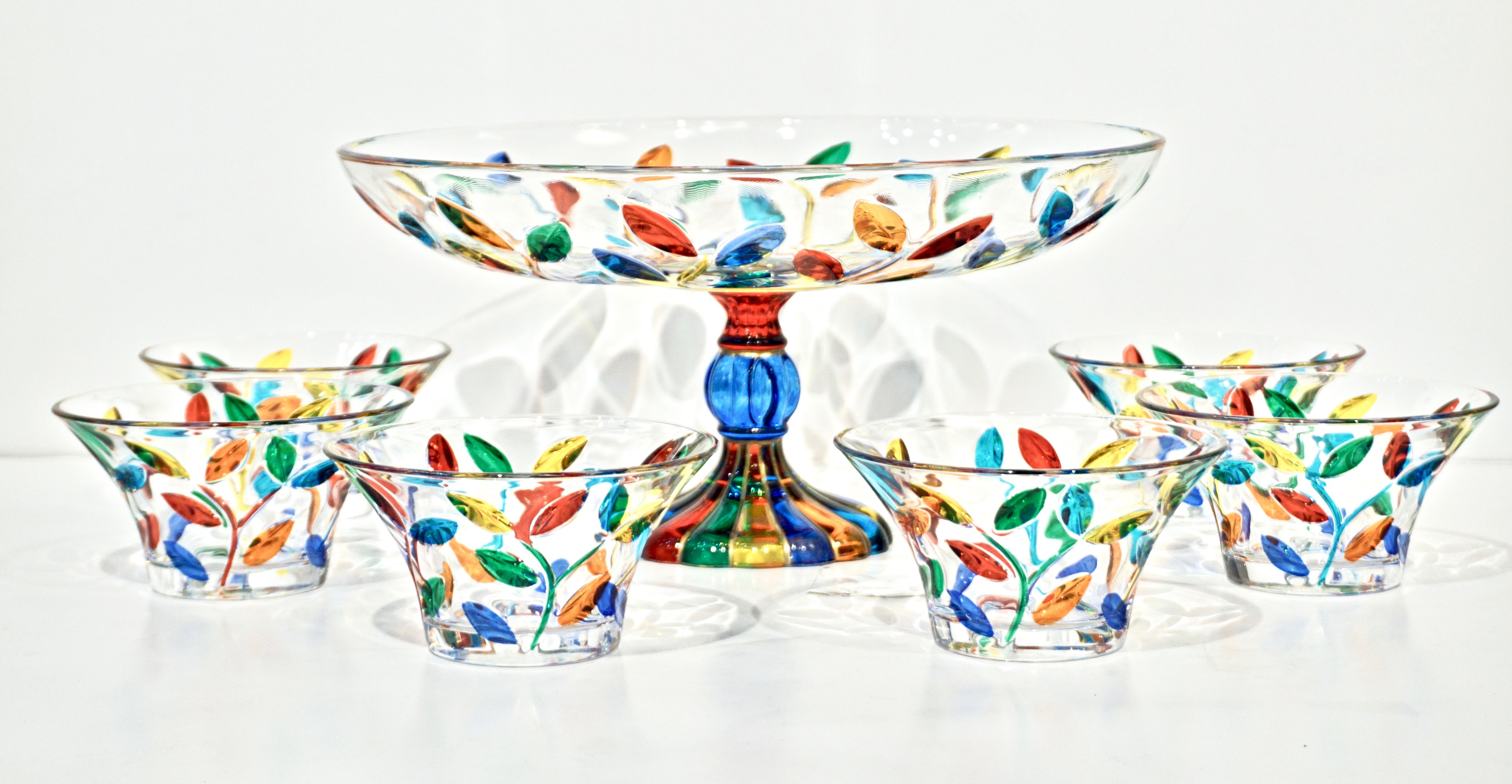 Hand-Crafted Colleoni Modern Crystal Murano Glass Compote Dish / Tazza with Colorful Leaves