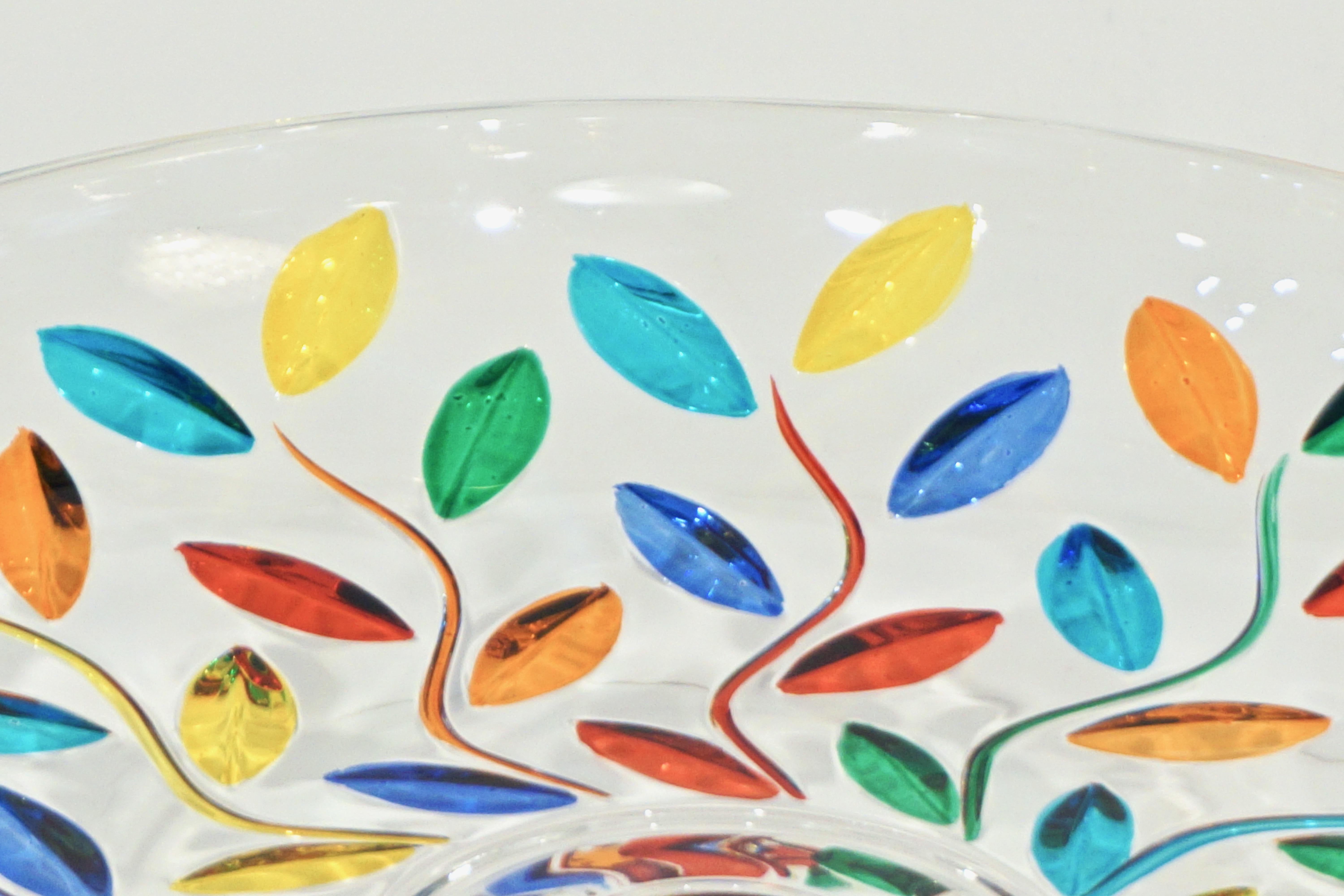 Colleoni Modern Crystal Murano Glass Compote Dish / Tazza with Colorful Leaves In Excellent Condition In New York, NY