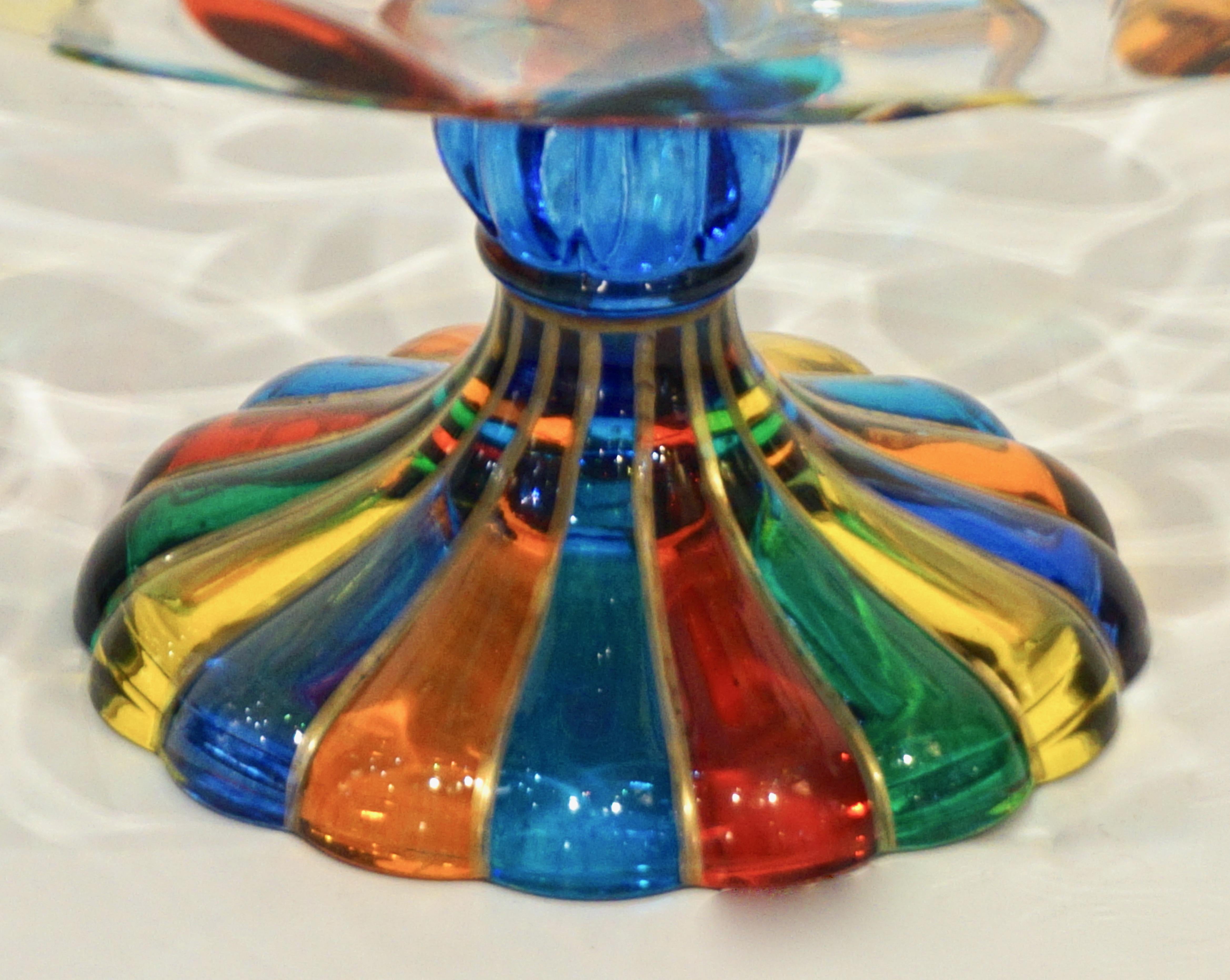 Contemporary Colleoni Modern Crystal Murano Glass Compote Dish / Tazza with Colorful Leaves