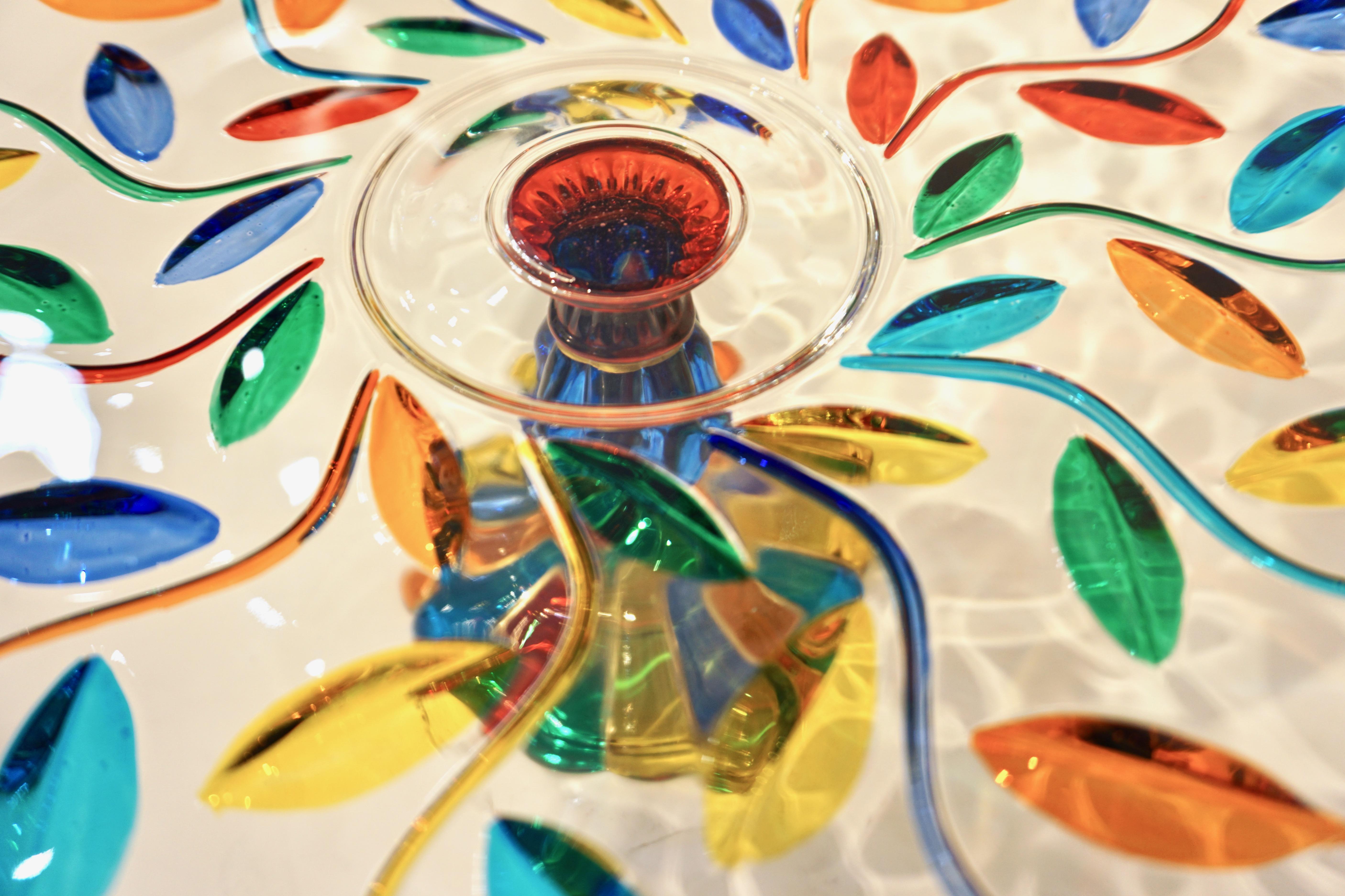 Blown Glass Colleoni Modern Crystal Murano Glass Compote Dish / Tazza with Colorful Leaves