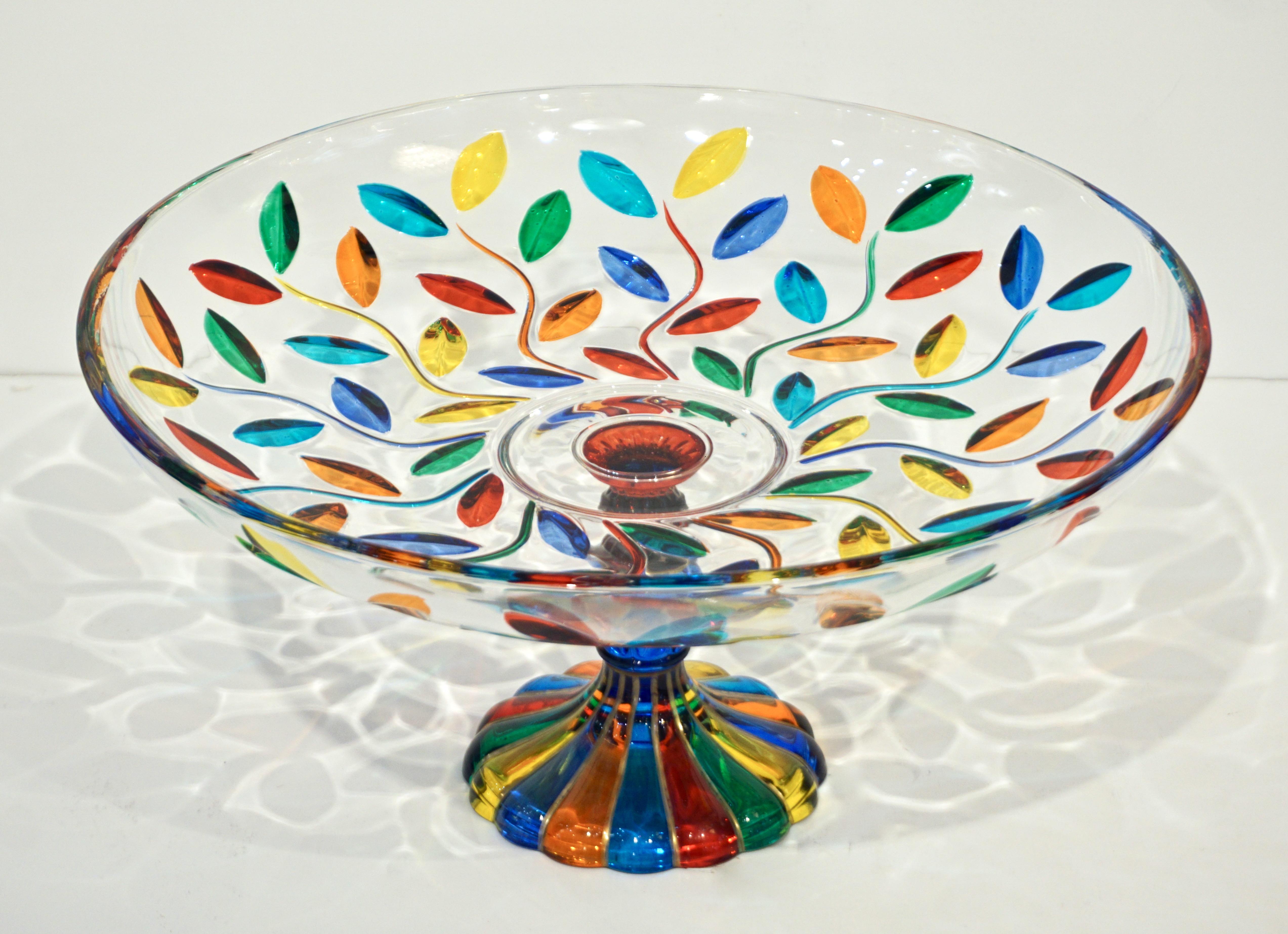 Colleoni Modern Crystal Murano Glass Compote Dish / Tazza with Colorful Leaves 1