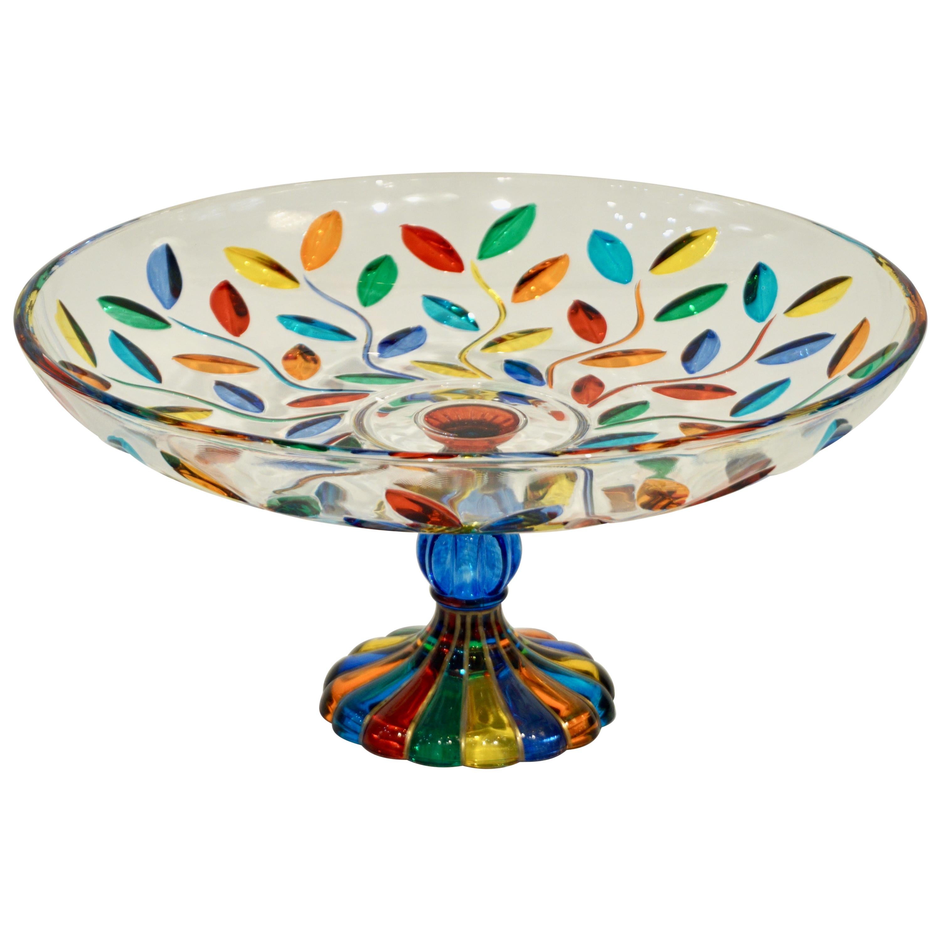 Colleoni Modern Crystal Murano Glass Compote Dish / Tazza with Colorful Leaves