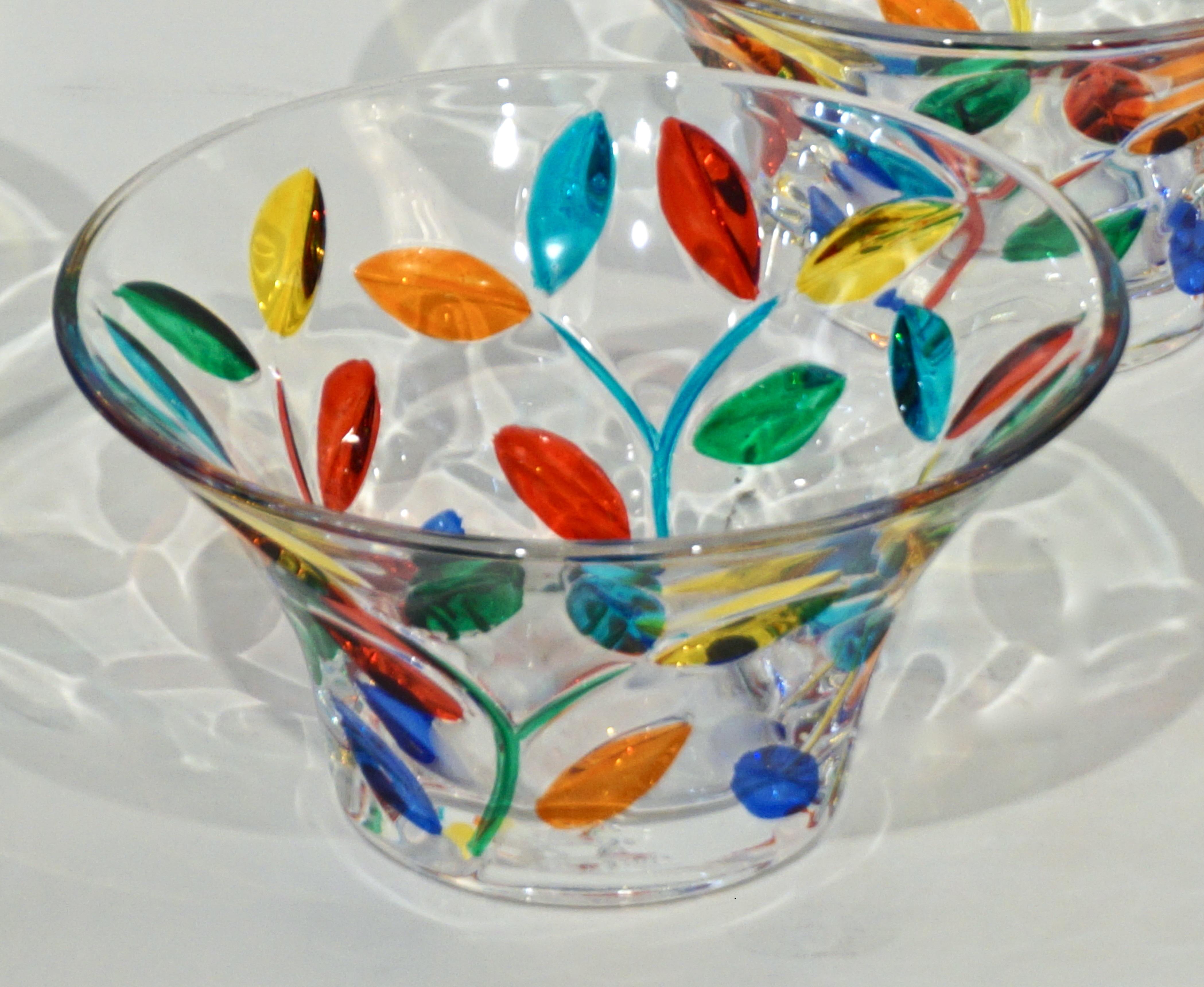 Organic Modern Colleoni Modern Set of 6 Crystal Murano Glass Cups / Bowls with Colorful Leaves For Sale