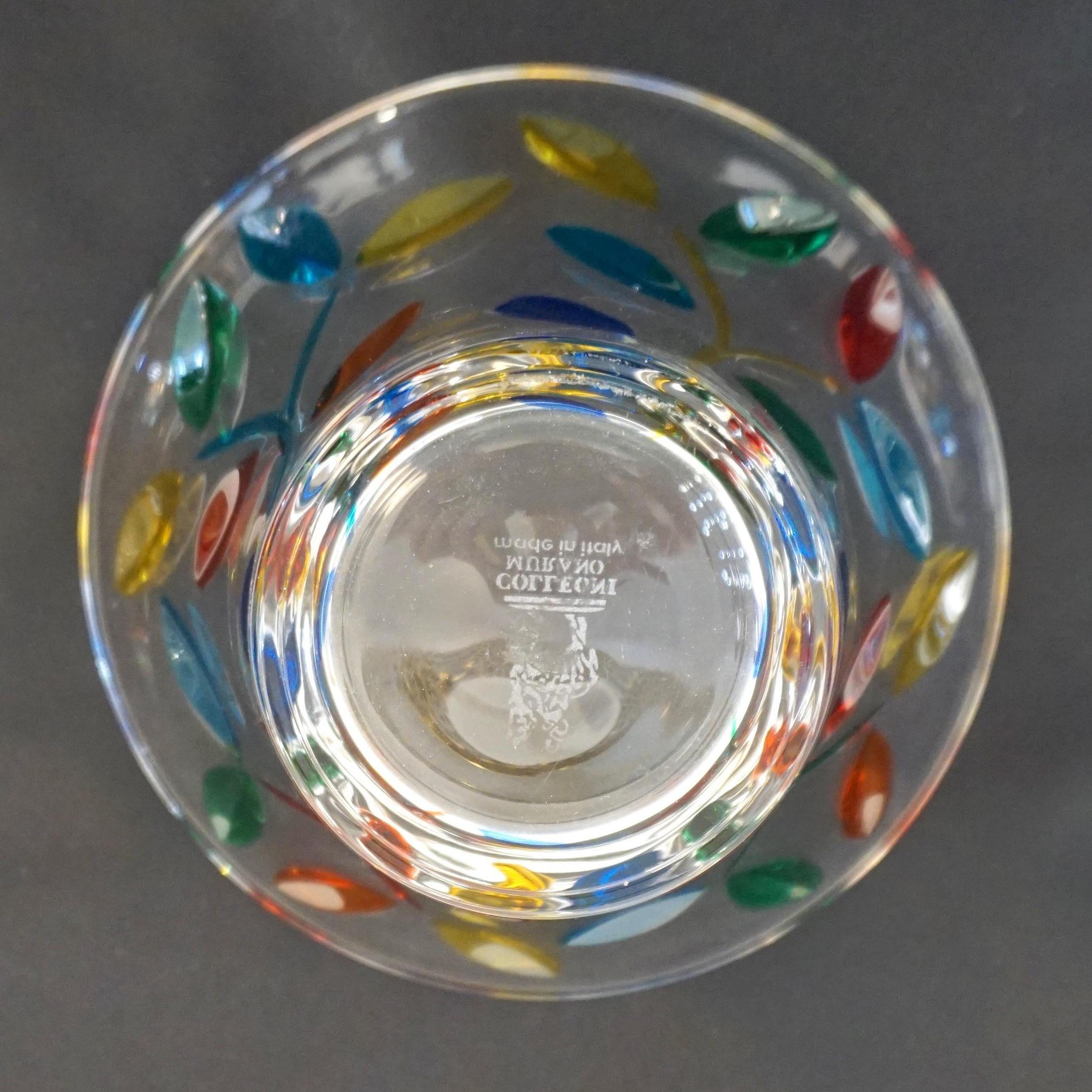 Italian Colleoni Modern Set of 6 Crystal Murano Glass Cups / Bowls with Colorful Leaves For Sale