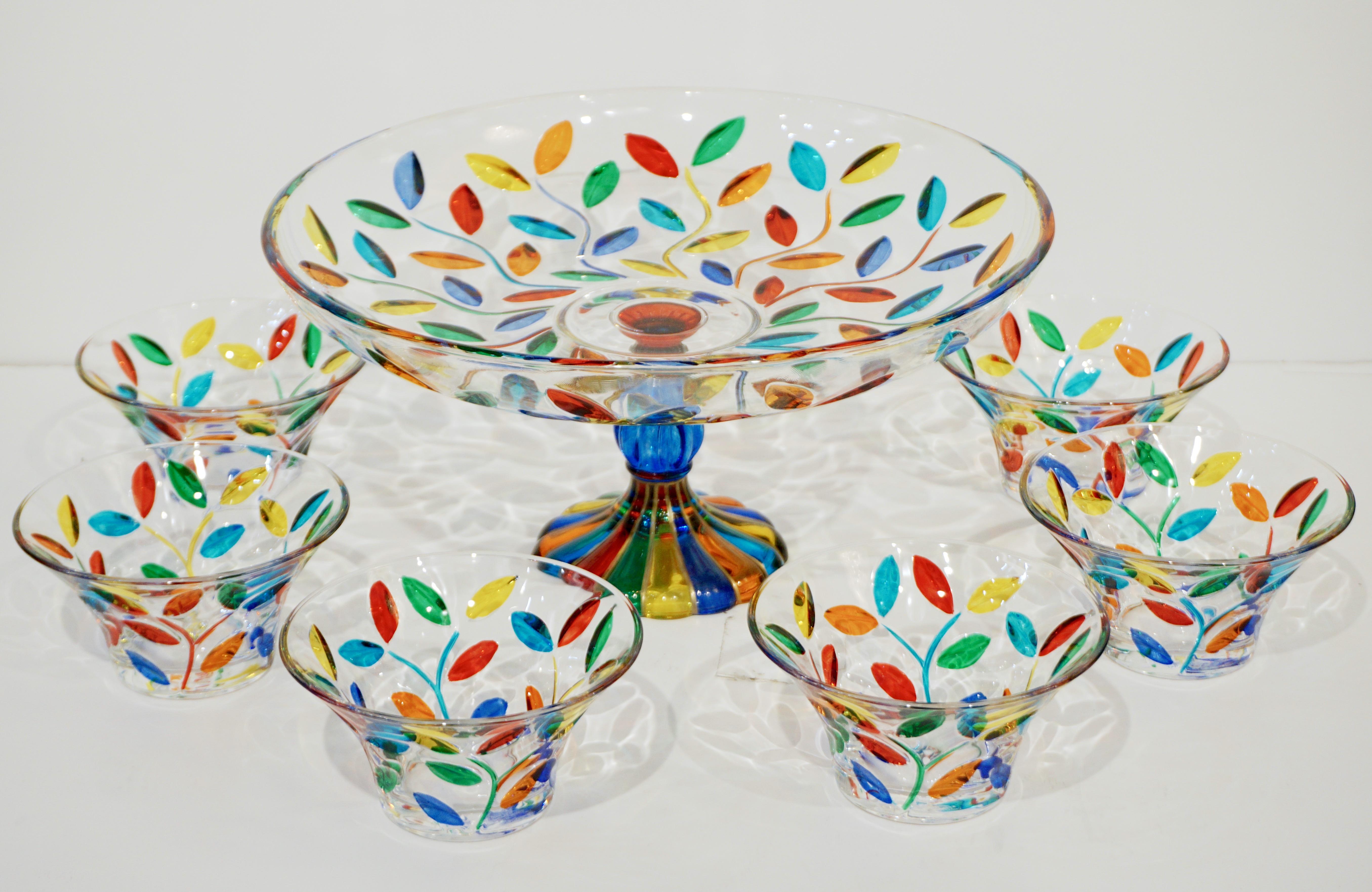 Colleoni Modern Set of 6 Crystal Murano Glass Cups / Bowls with Colorful Leaves In Excellent Condition For Sale In New York, NY