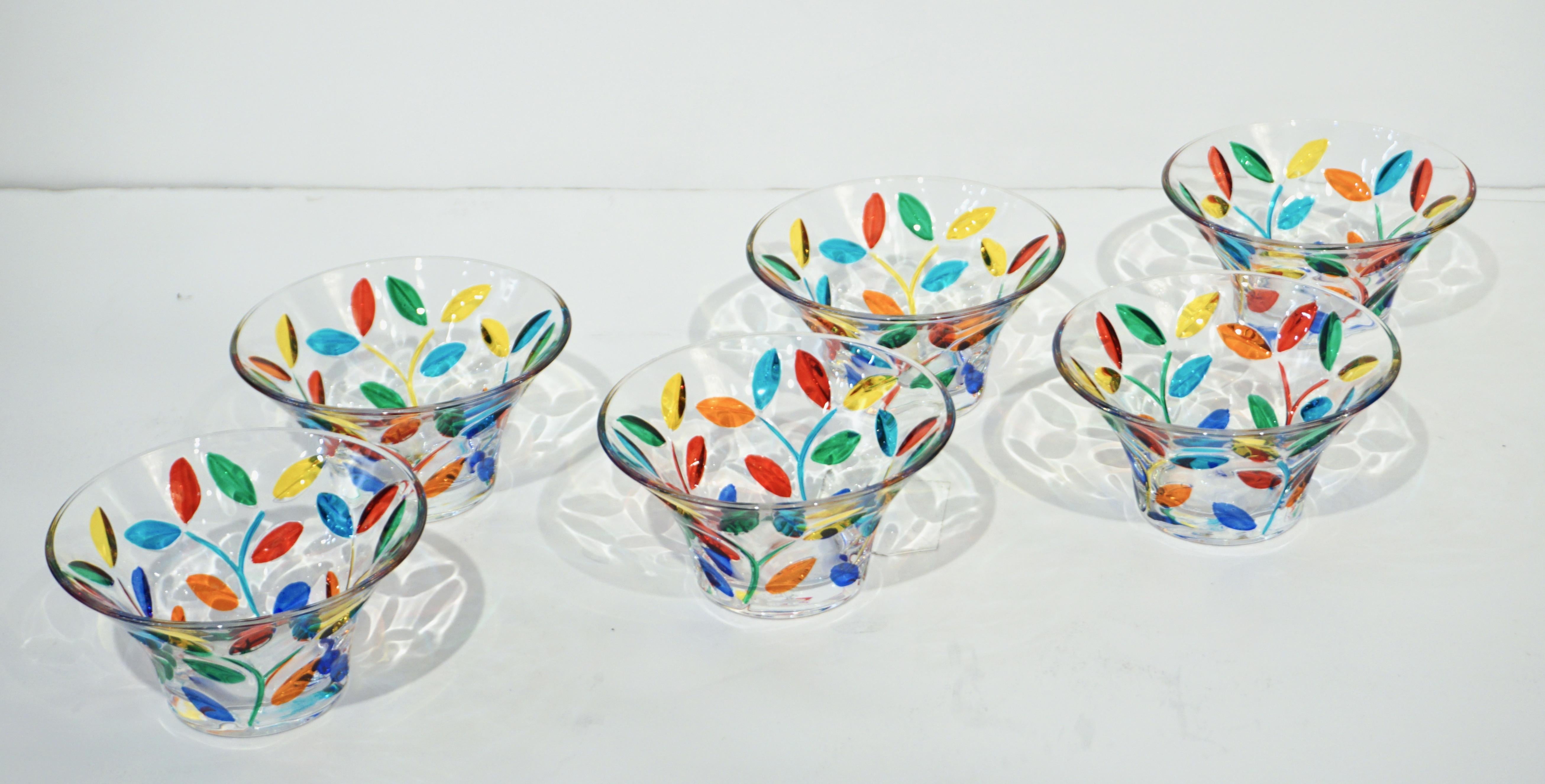 Contemporary Colleoni Modern Set of 6 Crystal Murano Glass Cups / Bowls with Colorful Leaves For Sale