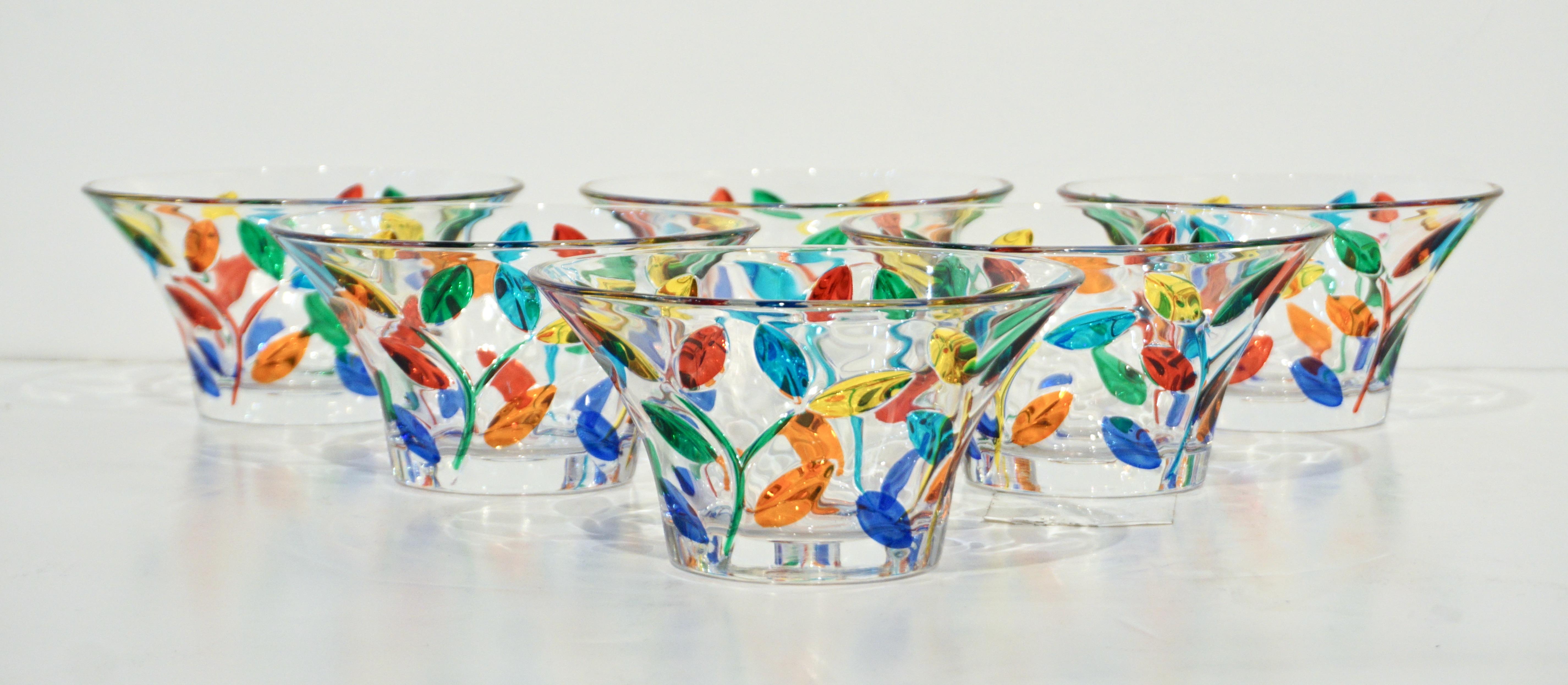 Blown Glass Colleoni Modern Set of 6 Crystal Murano Glass Cups / Bowls with Colorful Leaves For Sale