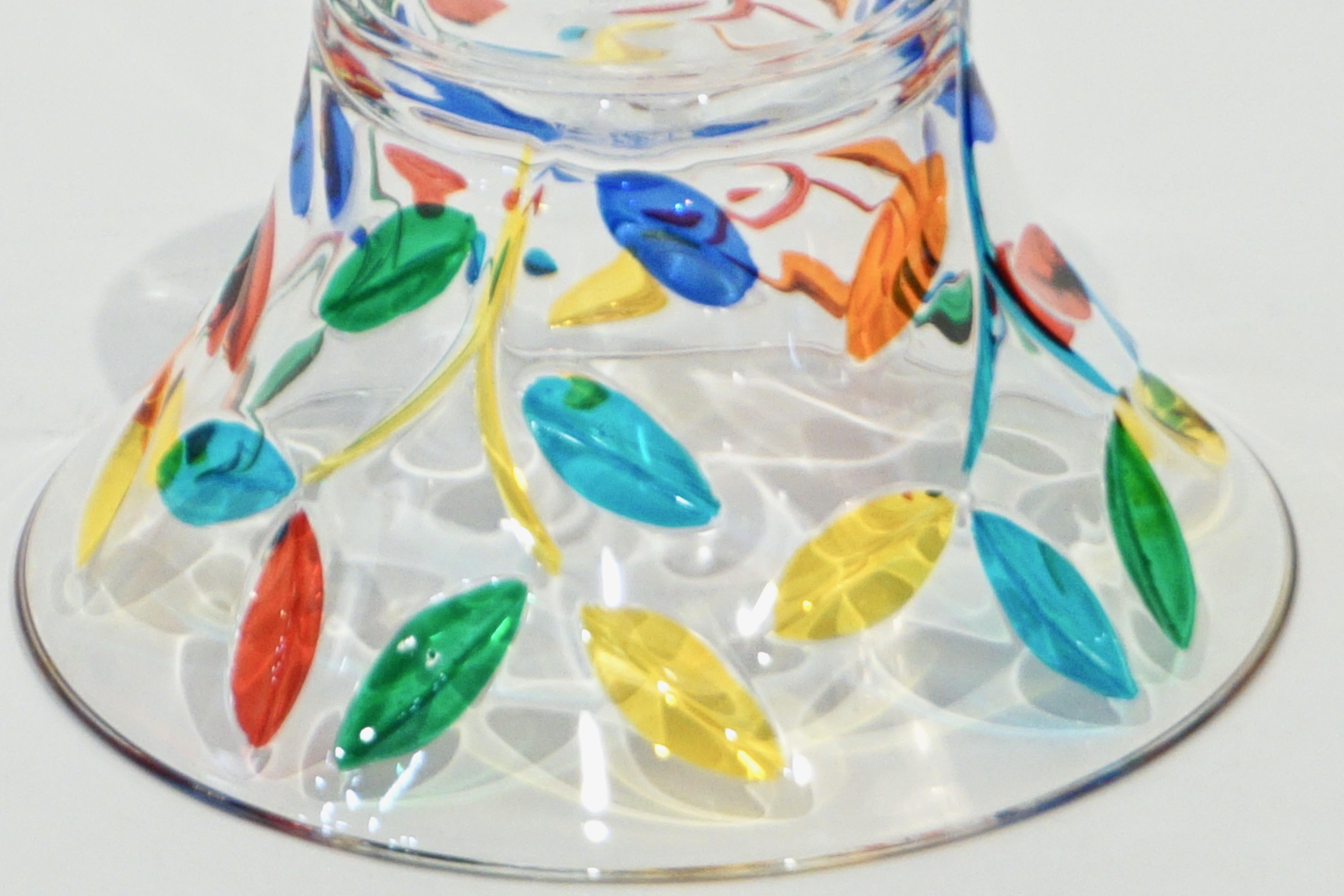 Colleoni Modern Set of 6 Crystal Murano Glass Cups / Bowls with Colorful Leaves For Sale 1
