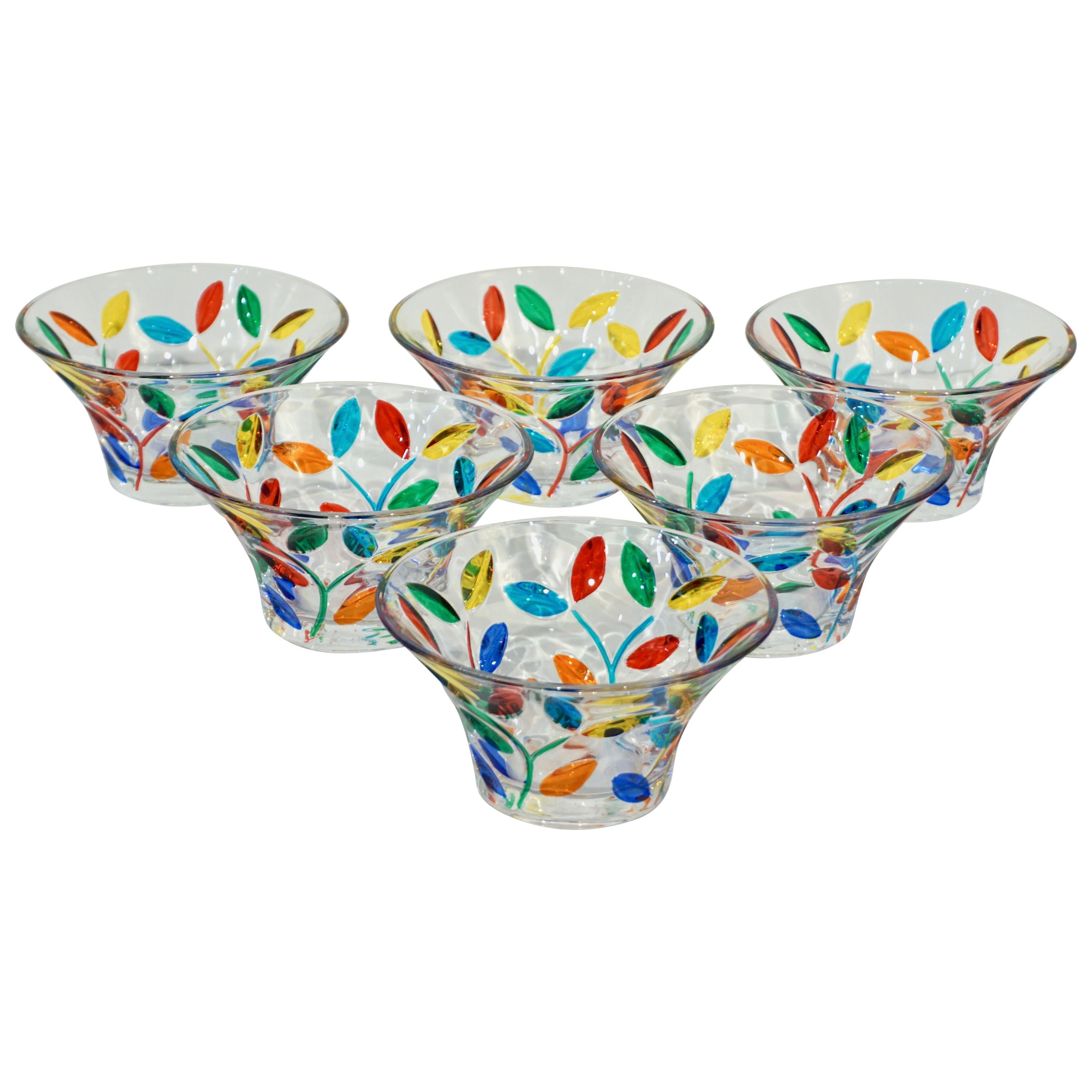Colleoni Modern Set of 6 Crystal Murano Glass Cups / Bowls with Colorful Leaves For Sale