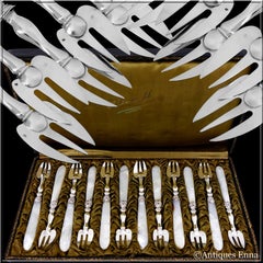 Collet French Sterling Silver and Mother-of-pearl Oyster Forks Set 12 Pc, Box