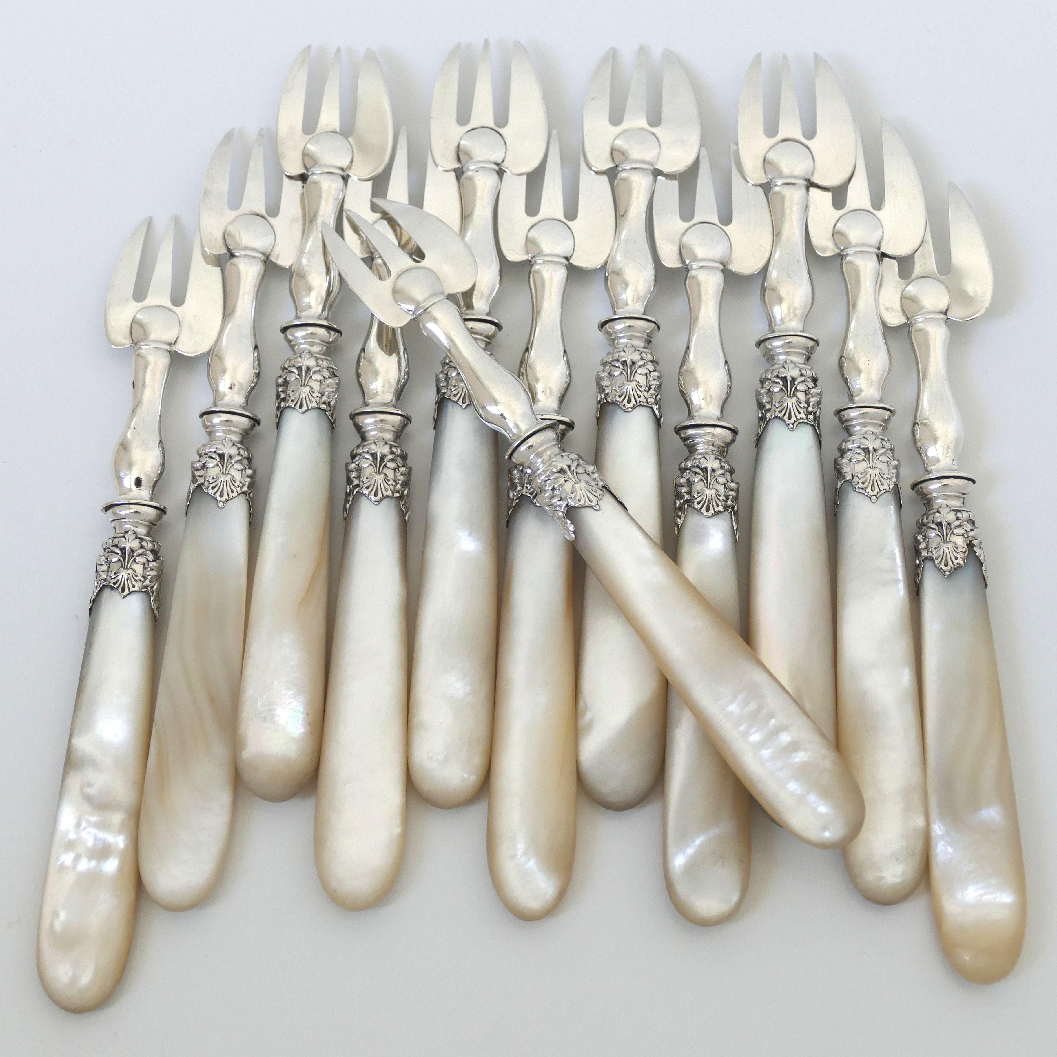 Art Nouveau Collet French Sterling Silver and Mother-of-pearl Oyster Forks Set 12 Pc, Box For Sale