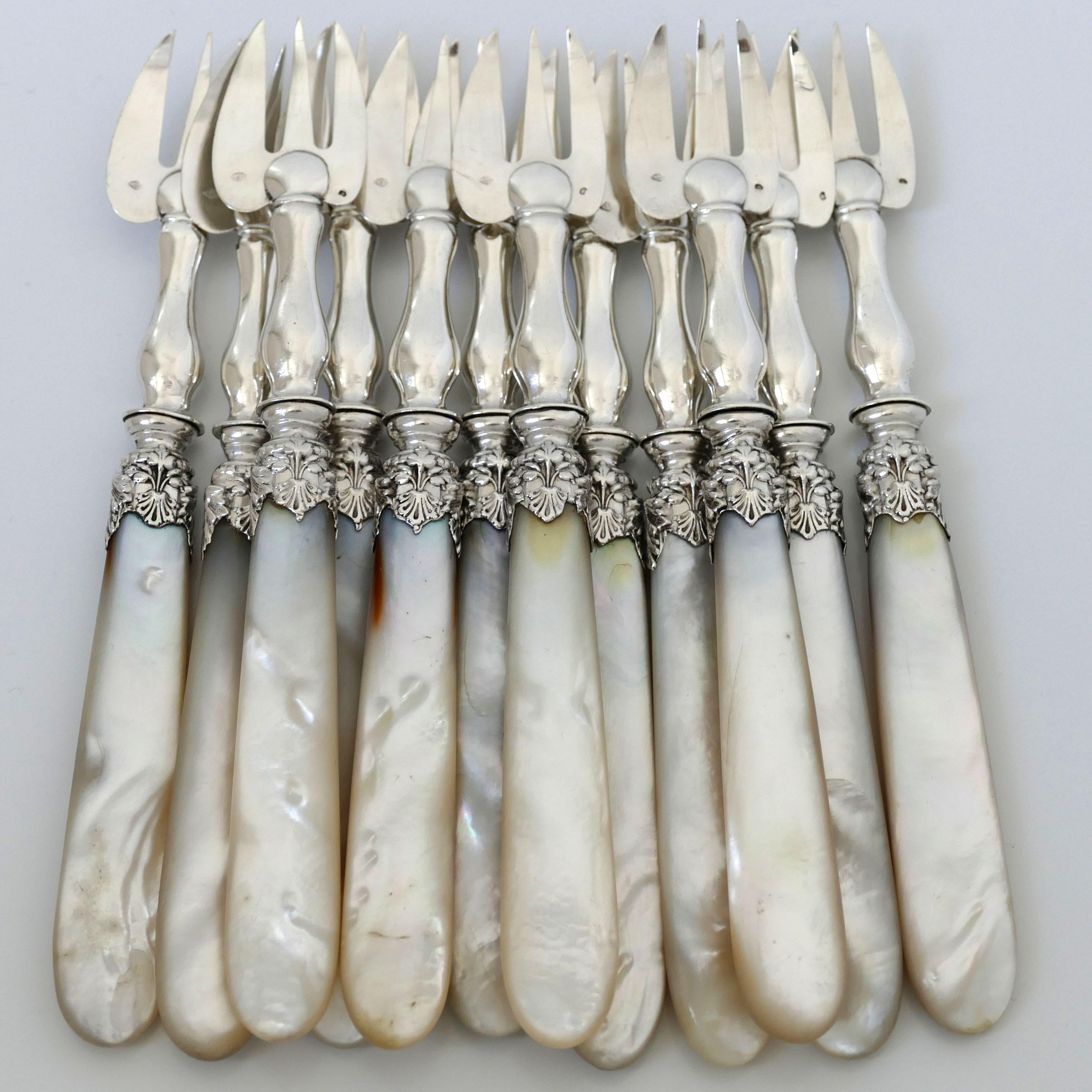 Late 19th Century Collet French Sterling Silver and Mother-of-pearl Oyster Forks Set 12 Pc, Box For Sale