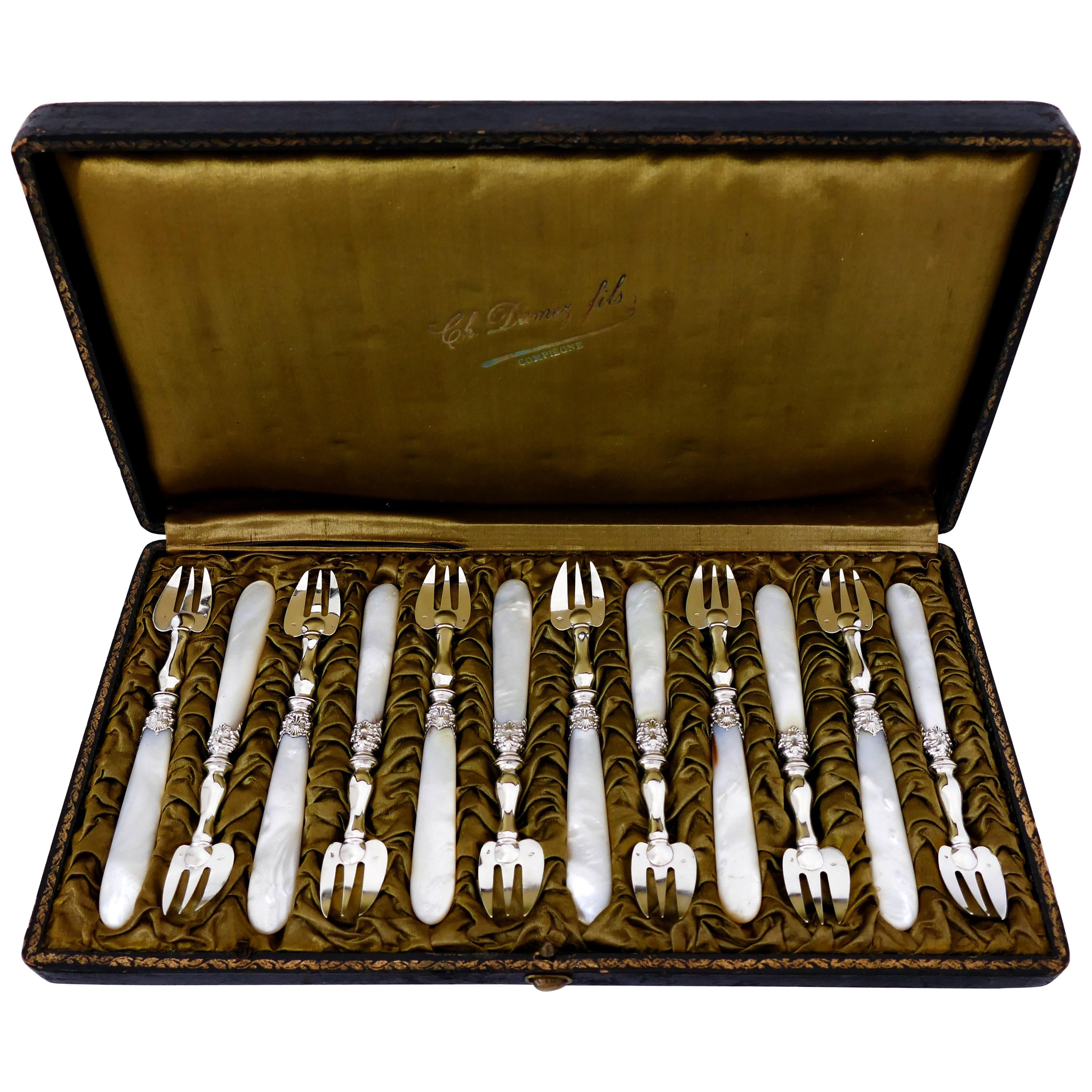 Collet French Sterling Silver and Mother-of-pearl Oyster Forks Set 12 Pc, Box For Sale