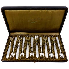 Collet French Sterling Silver and Mother-of-pearl Oyster Forks Set 12 Pc, Box