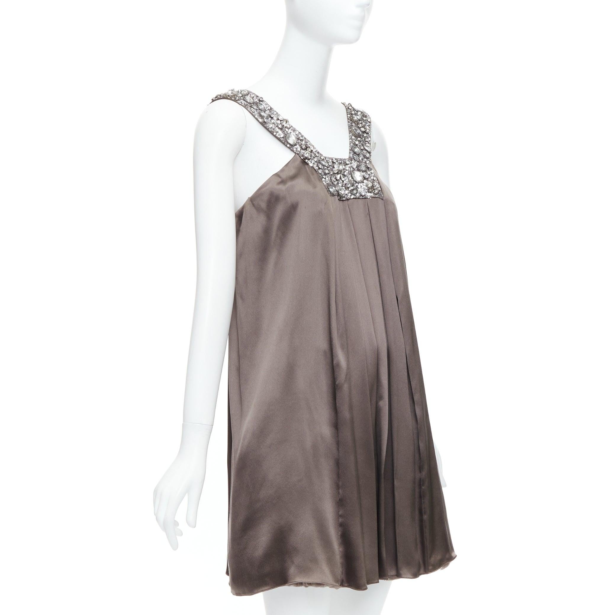 Gray COLLETTE DINNIGAN 100% silk bronze embellished neckline mini dress S For Sale