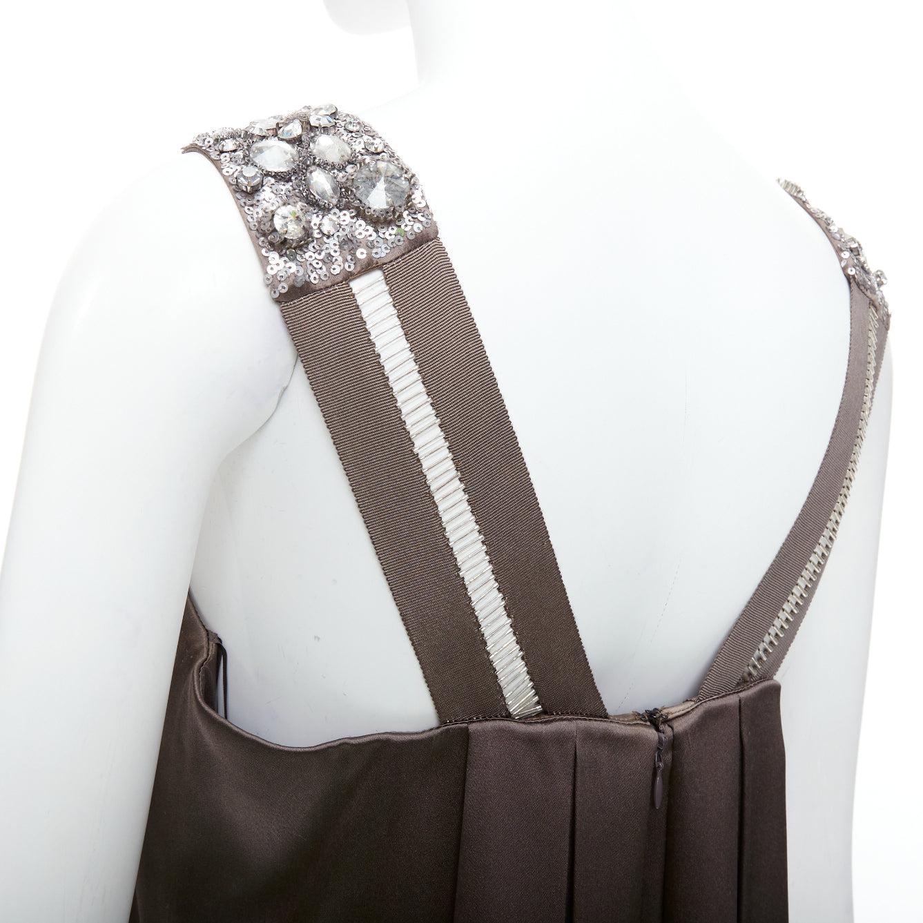 COLLETTE DINNIGAN 100% silk bronze embellished neckline mini dress S For Sale 2