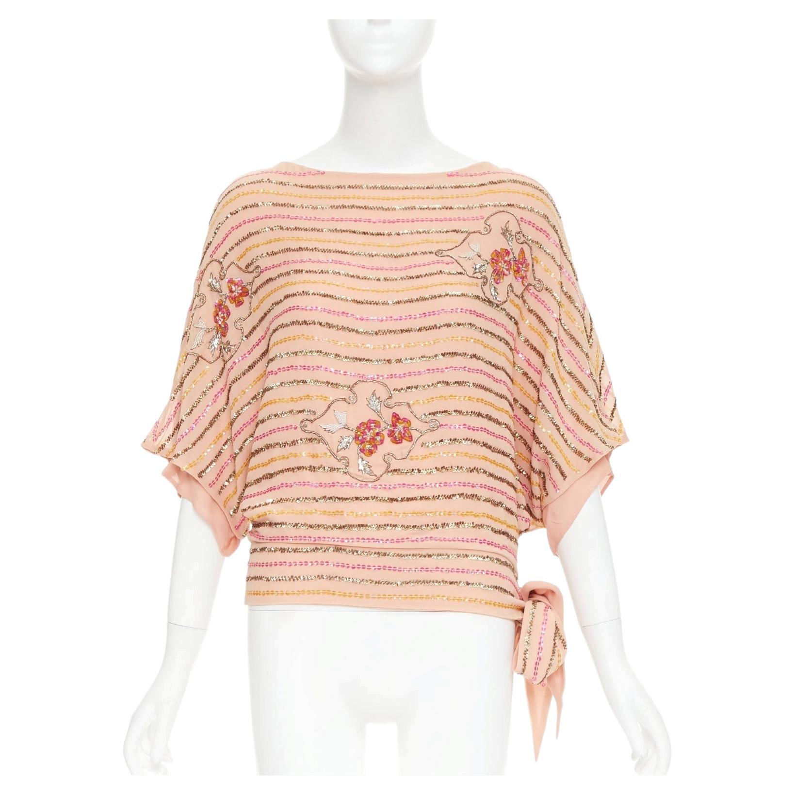 COLLETTE Dinnigan Top rosa cipria 100% seta con paillettes metallizzate e fodera - Taglia S
