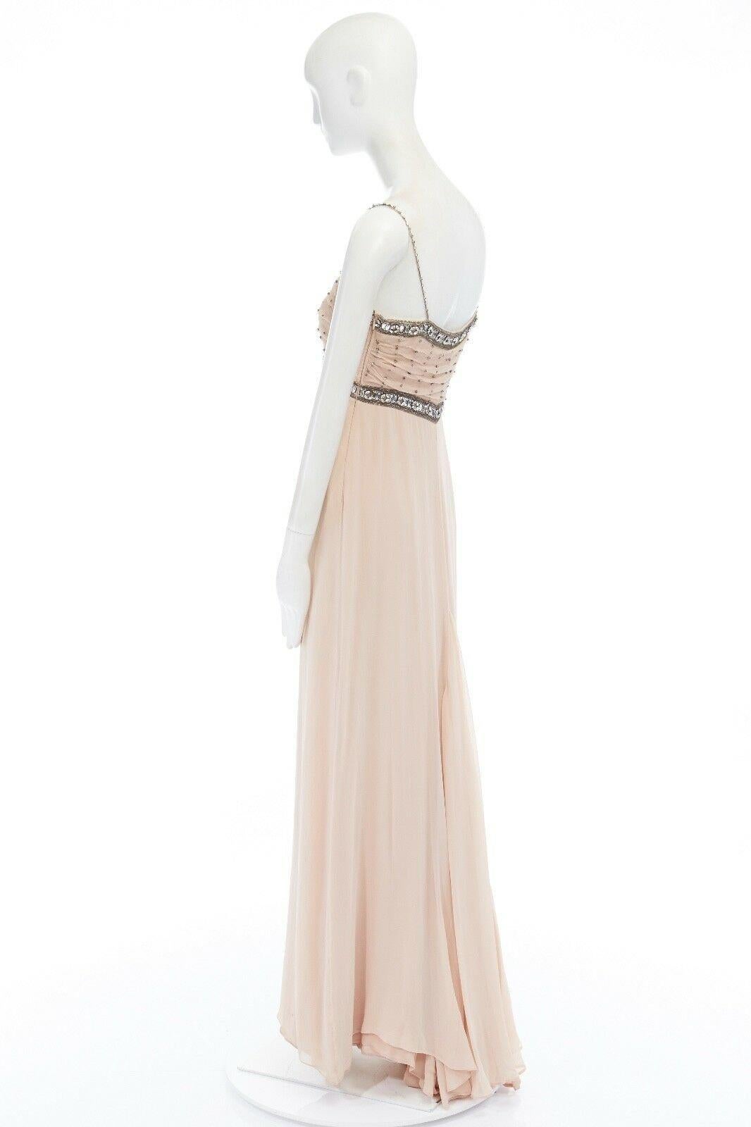 Beige COLLETTE DINNIGAN blush pink silk crystal jewel embellished pleated bust gown S