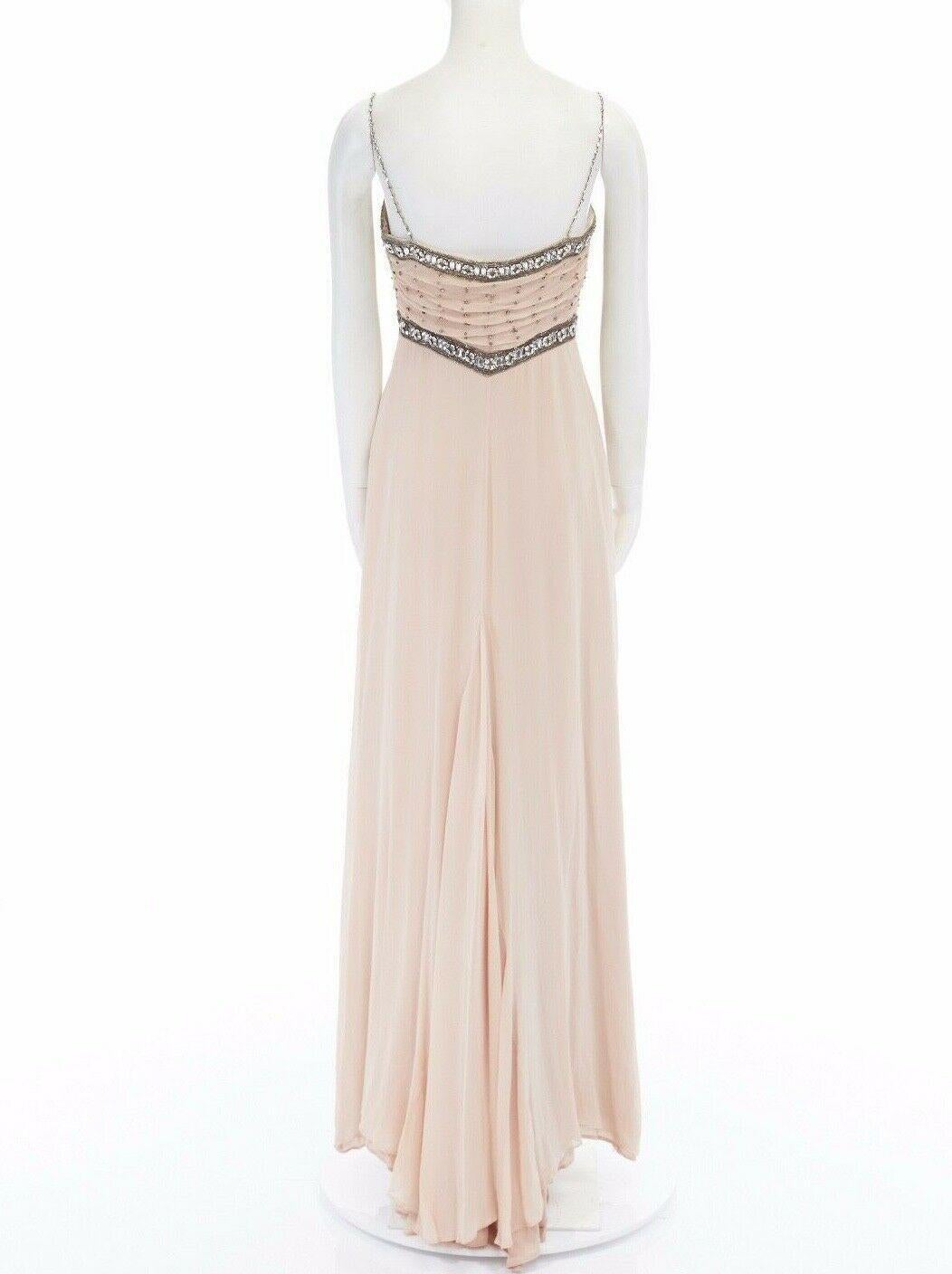 Beige COLLETTE DINNIGAN rose blush silk crystal jewel embellished pleated bust gown S