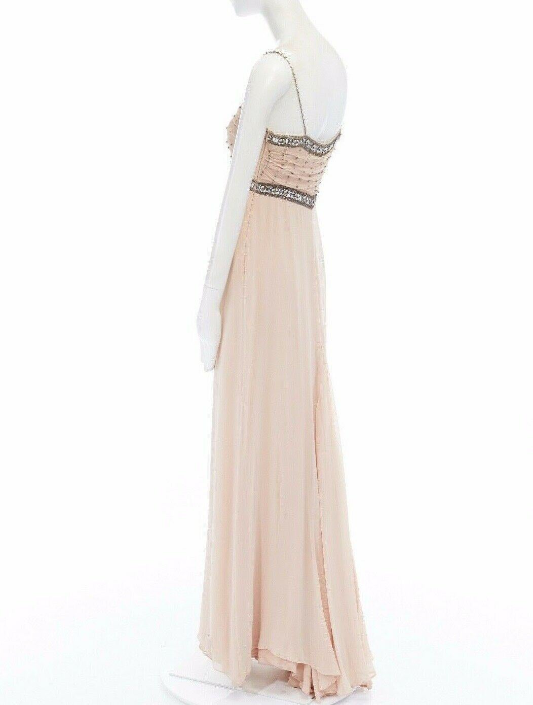 COLLETTE DINNIGAN rose blush silk crystal jewel embellished pleated bust gown S In Excellent Condition In Hong Kong, NT