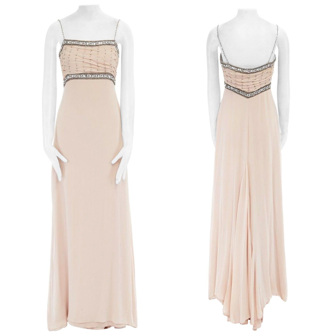 COLLETTE DINNIGAN rose blush silk crystal jewel embellished pleated bust gown S