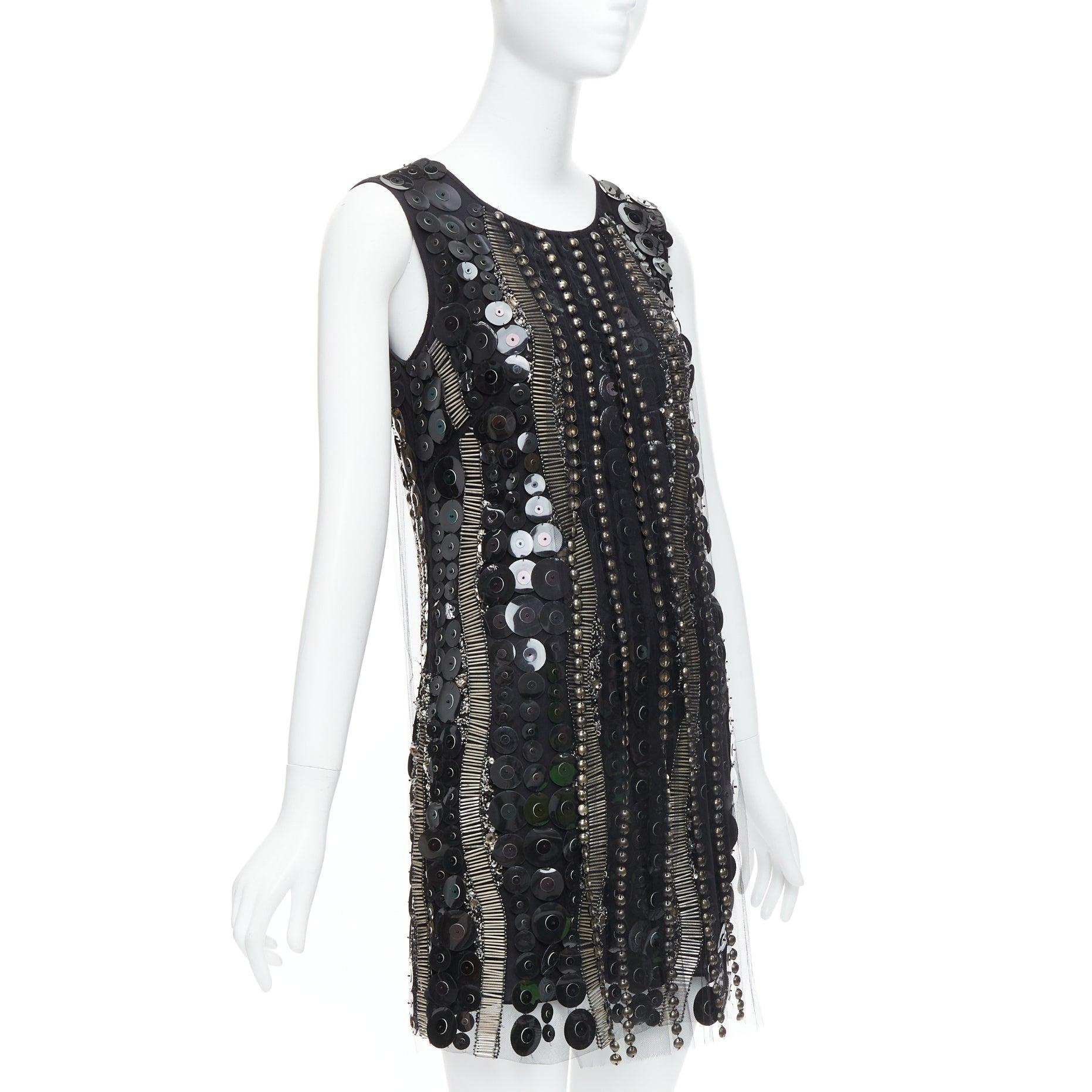 Black COLLETTE DINNIGAN Runway black jewelled pailettes party shift dress XS For Sale