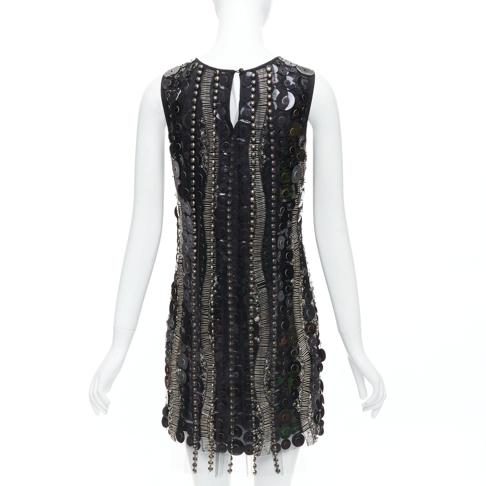 Women's COLLETTE DINNIGAN Runway black jewelled pailettes party shift dress XS For Sale