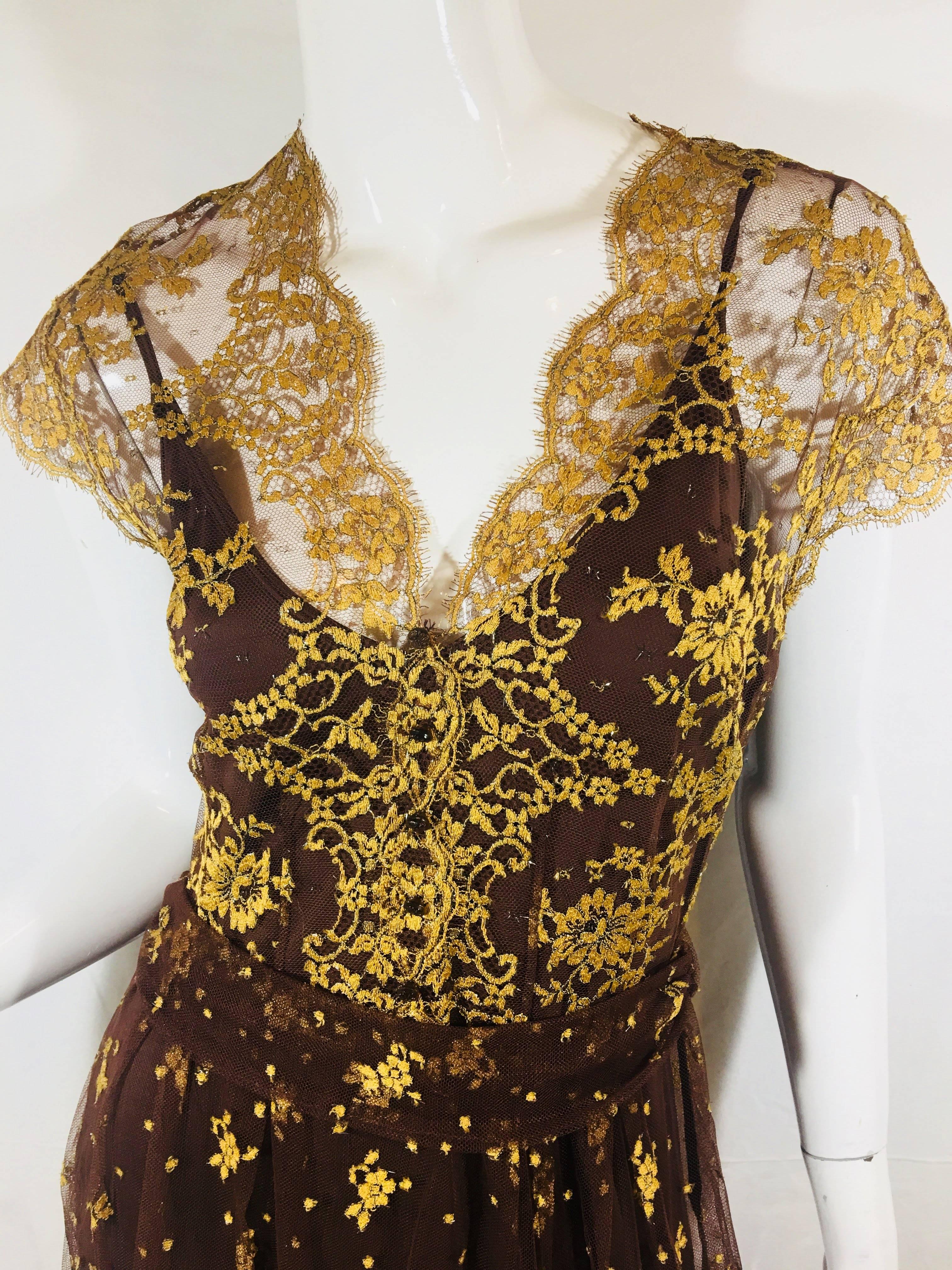 Collette Dinnigan Cap Sleeve Sheer Dress with Brown Slip . Yellow and Gold Floral Embroidered Print.
