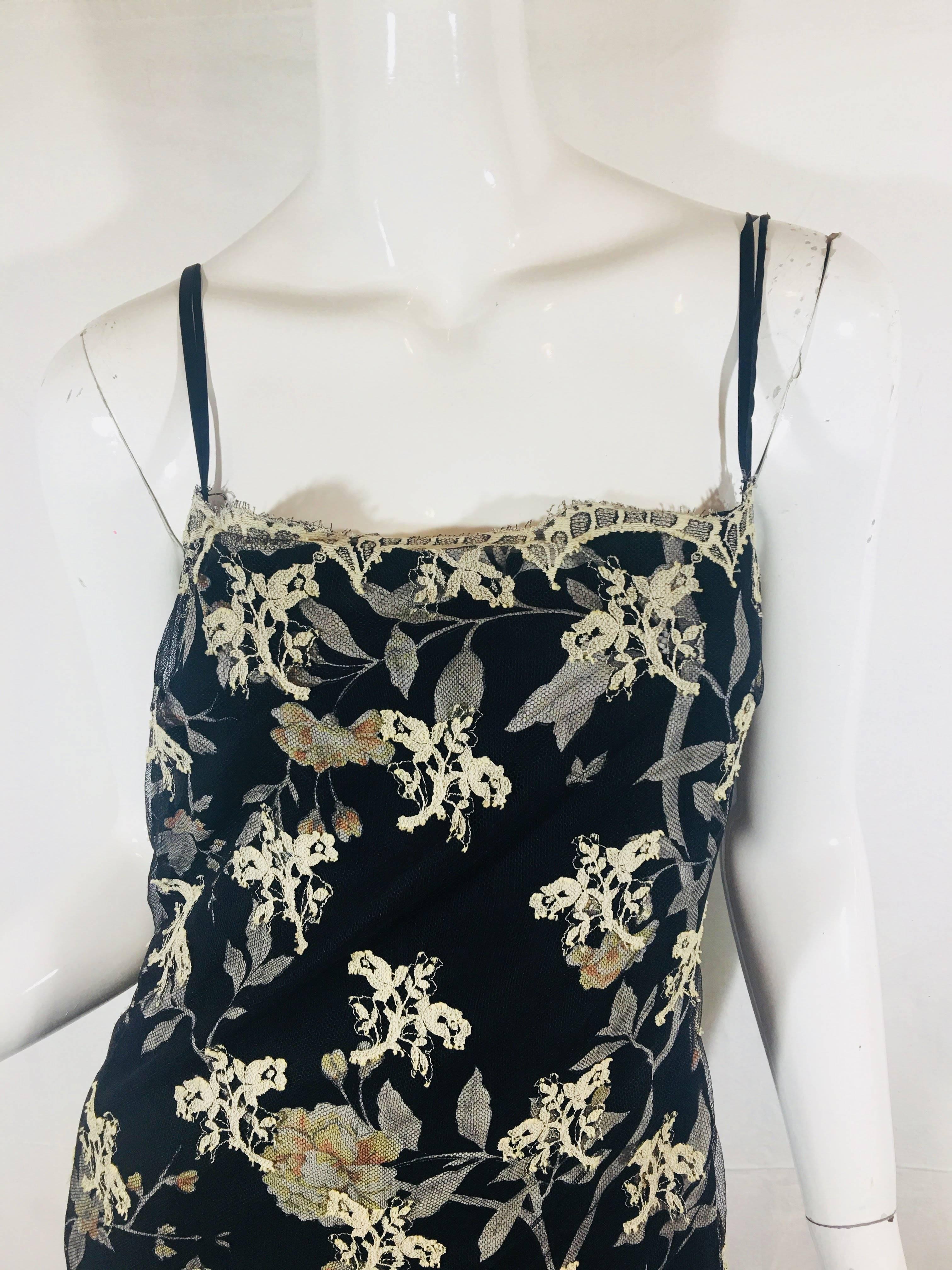 Collette Dinnigan Black and White Spaghetti Strap Sheer Dress with Black Slip with Floral Print Attached and Floral Embroidery throughout. 