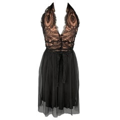 COLLETTE DINNIGAN Size M Black Silk Lace Tulle Skirt Halter Cocktail Dress