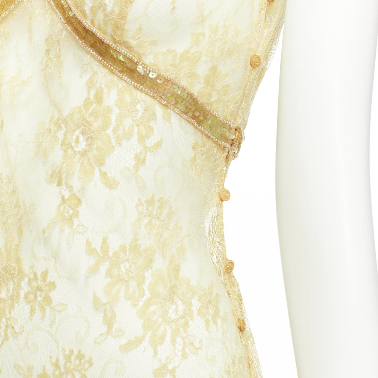 COLLETTE DINNIGAN Vintage gold sequins floral lace see through sheer dress S
Reference: TGAS/D01084
Brand: Collette Dinnigan
Material: Rayon, Blend
Color: Gold, Beige
Pattern: Lace
Closure: Button
Extra Details: Side buttons.
Made in: