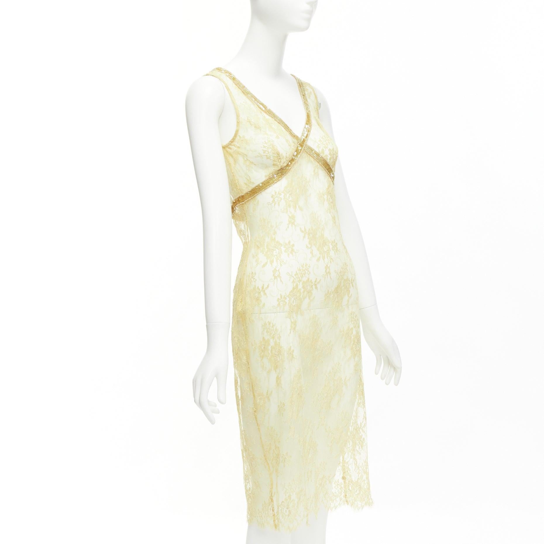 COLLETTE DINNIGAN Vintage Gold Pailletten florale Spitze durchsichtiges Kleid S im Zustand „Hervorragend“ im Angebot in Hong Kong, NT