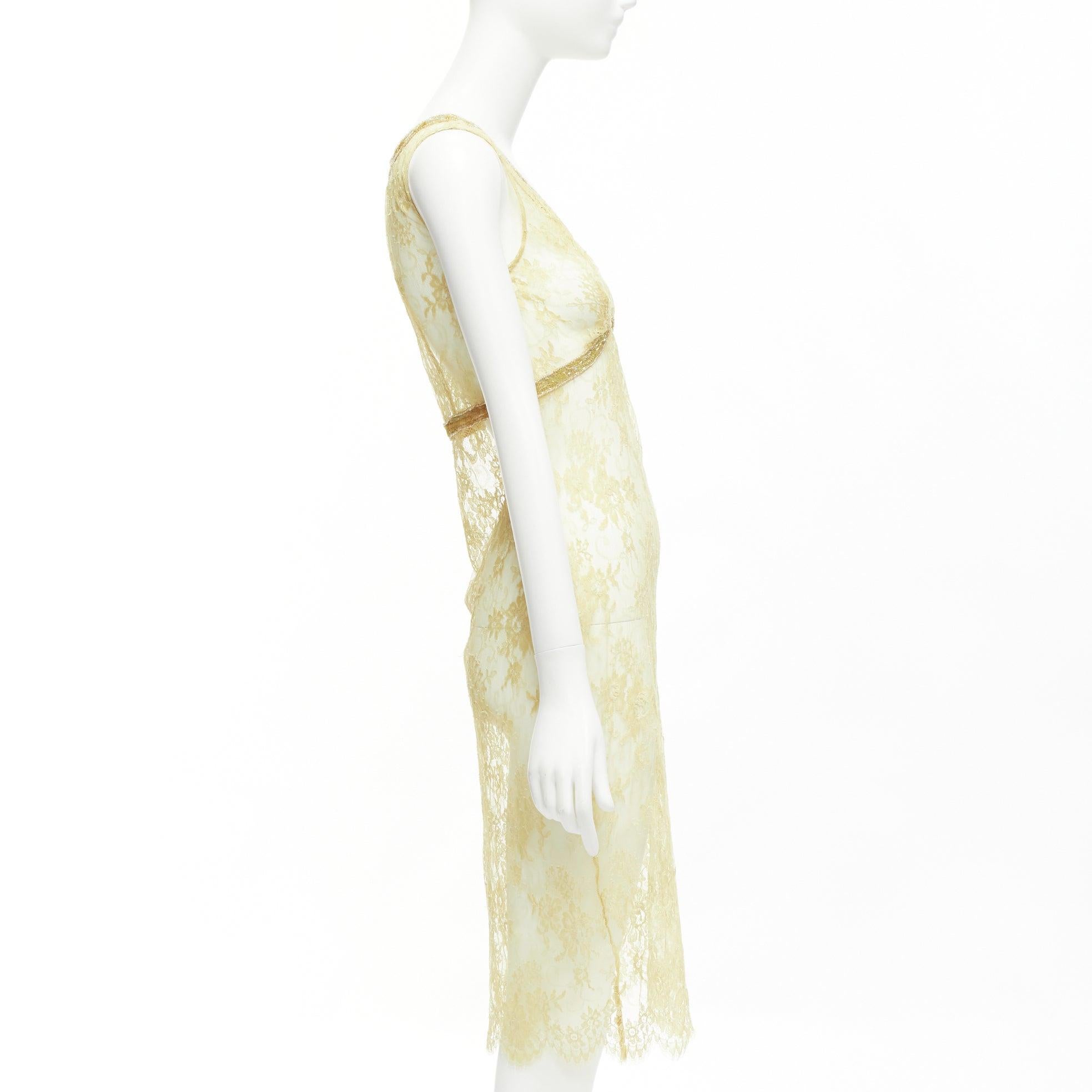COLLETTE DINNIGAN Vintage Gold Pailletten florale Spitze durchsichtiges Kleid S Damen im Angebot