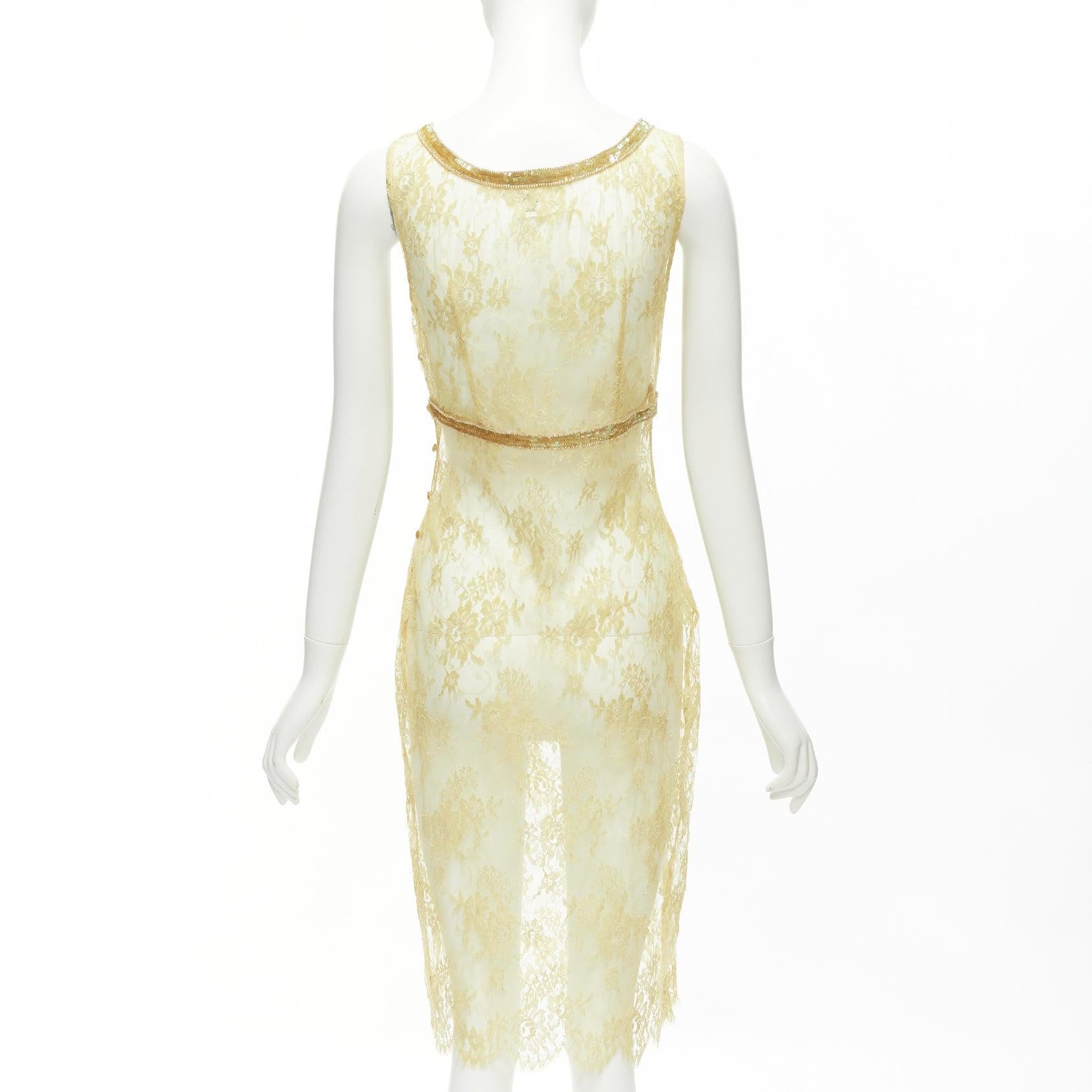 COLLETTE DINNIGAN Vintage Gold Pailletten florale Spitze durchsichtiges Kleid S im Angebot 1