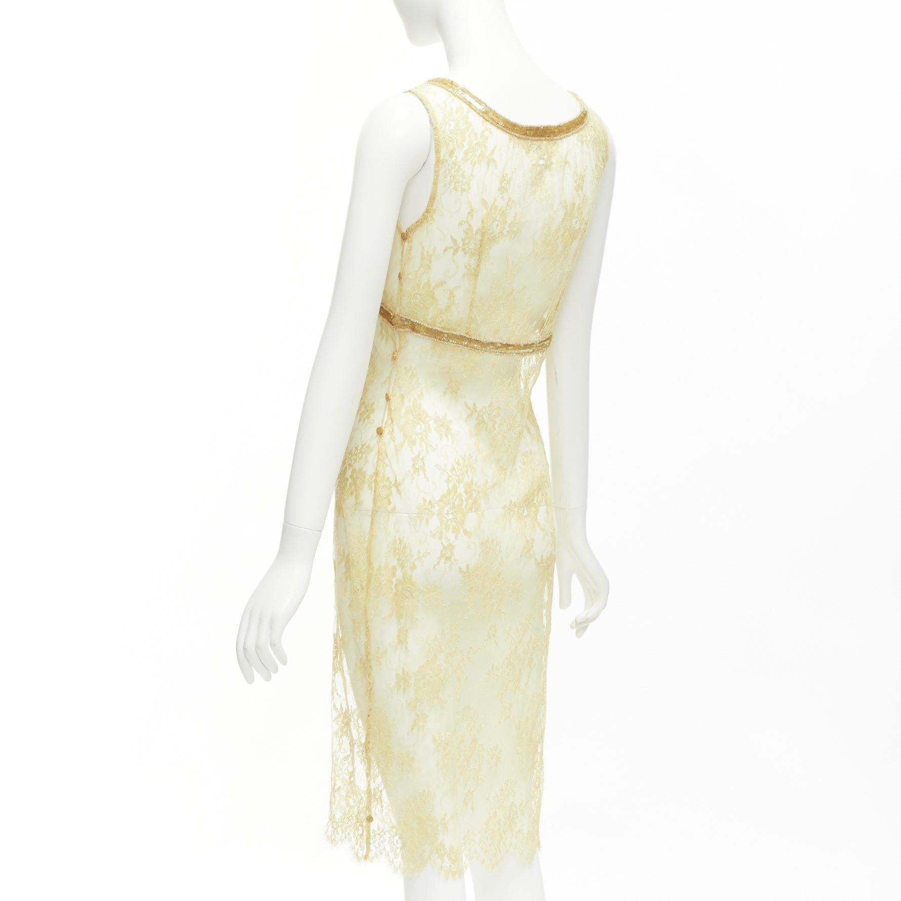 COLLETTE DINNIGAN Vintage Gold Pailletten florale Spitze durchsichtiges Kleid S im Angebot 2