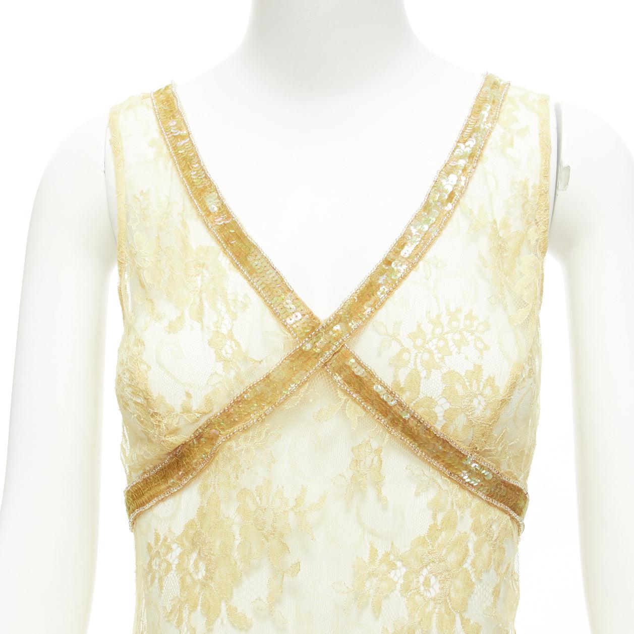 COLLETTE DINNIGAN Vintage Gold Pailletten florale Spitze durchsichtiges Kleid S im Angebot 3