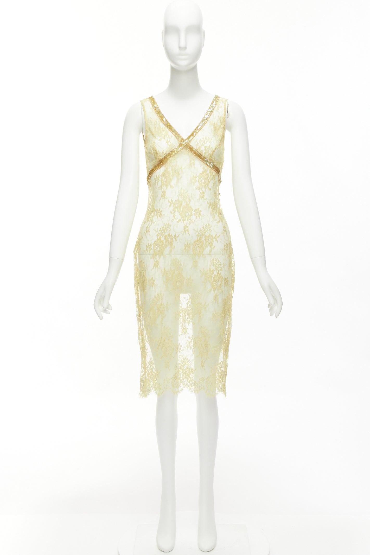 COLLETTE DINNIGAN Vintage gold sequins floral lace see through sheer dress S For Sale 5