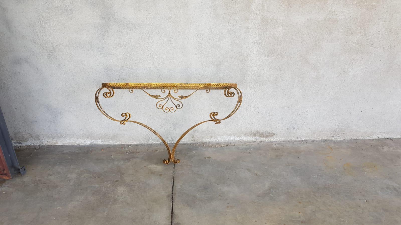 Hollywood Regency Colli Art Glass and Golden Wrought Iron Structure Small Table Console, 1950s