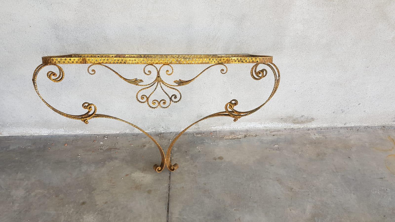 Italian Colli Art Glass and Golden Wrought Iron Structure Small Table Console, 1950s