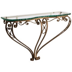 Colli Art Glass and Golden Wrought Iron Structure Small Table Console, 1950s