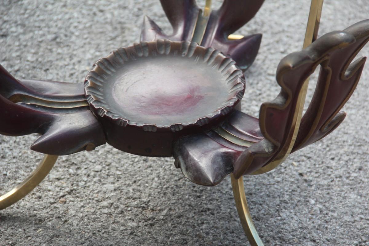 Colli Round Mid-Century Modern Italian Table Coffee Leaves Brass Sculpture Glass In Good Condition For Sale In Palermo, Sicily