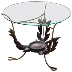 Runder italienischer Mid-Century-Modern-Tisch/Couchtisch/Blätter, Messing-Skulptur/Glas-Skulptur