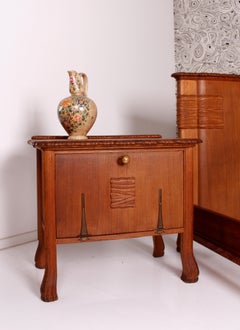 Colli Torino  'Est. 1850 ' Italian Art Nouveau Bed & Nightstand Solid Oak carved