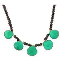 Throat necklace with faceted black spinel and faceted green agate drops
