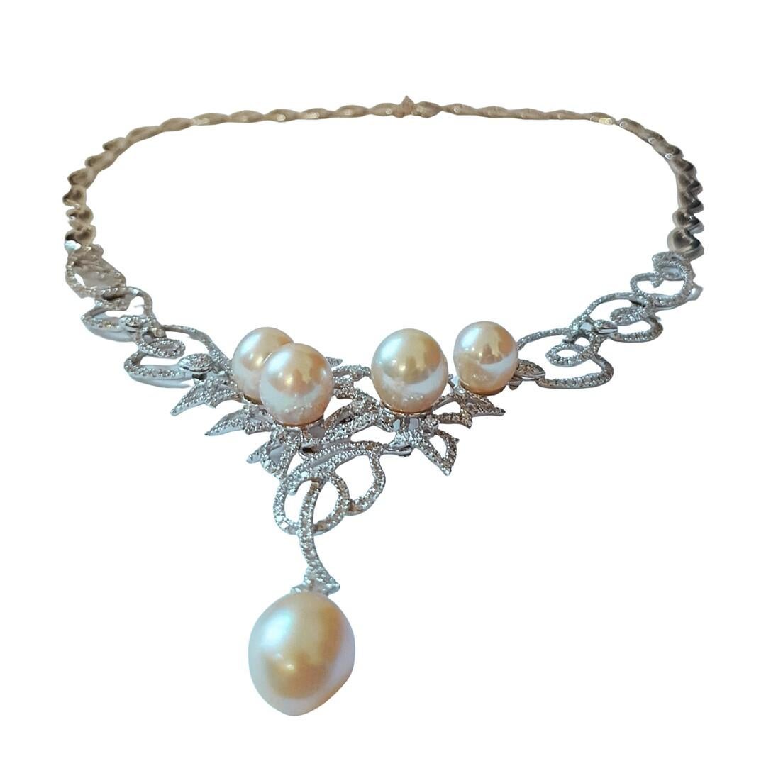 Collier Al Majed Jewellery, en oder blanc 18 Karat Perlen et Diamanten Damen im Angebot